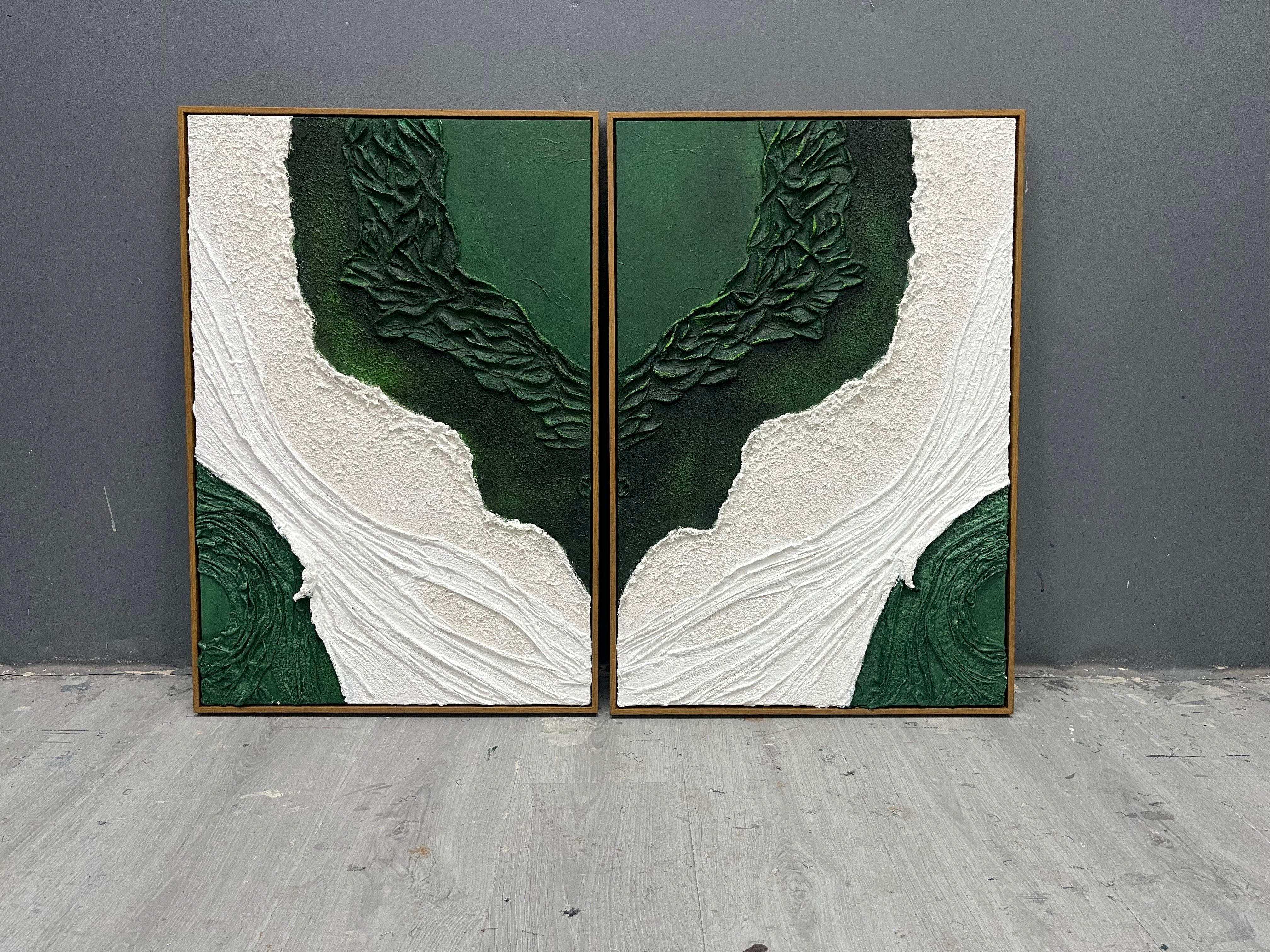 3D Green and White Textured Abstract Painting Set of 2 Green and White Canvas Art Plaster Wall Art