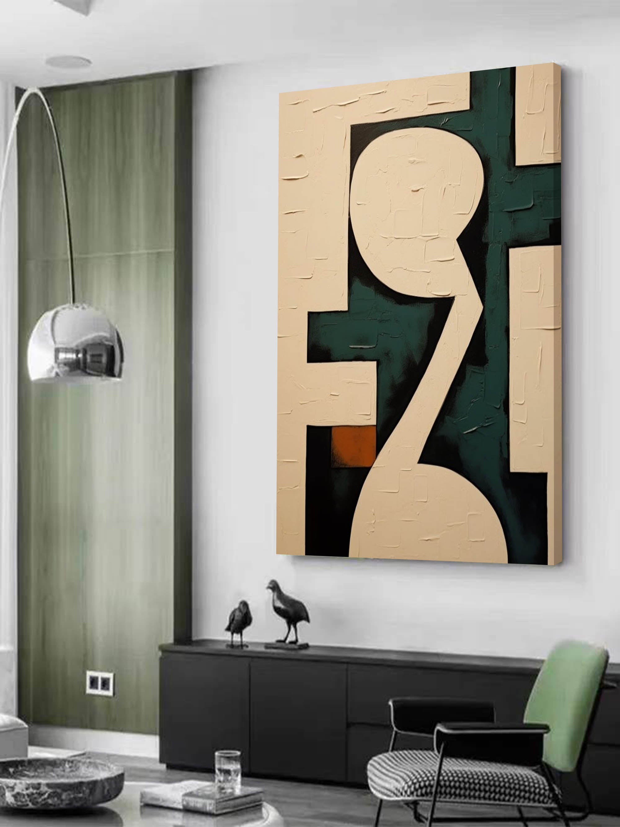 Large Beige and Green Minimalist Wall Art Beige and Green Texture Abstract Painting Canvas Art Decor