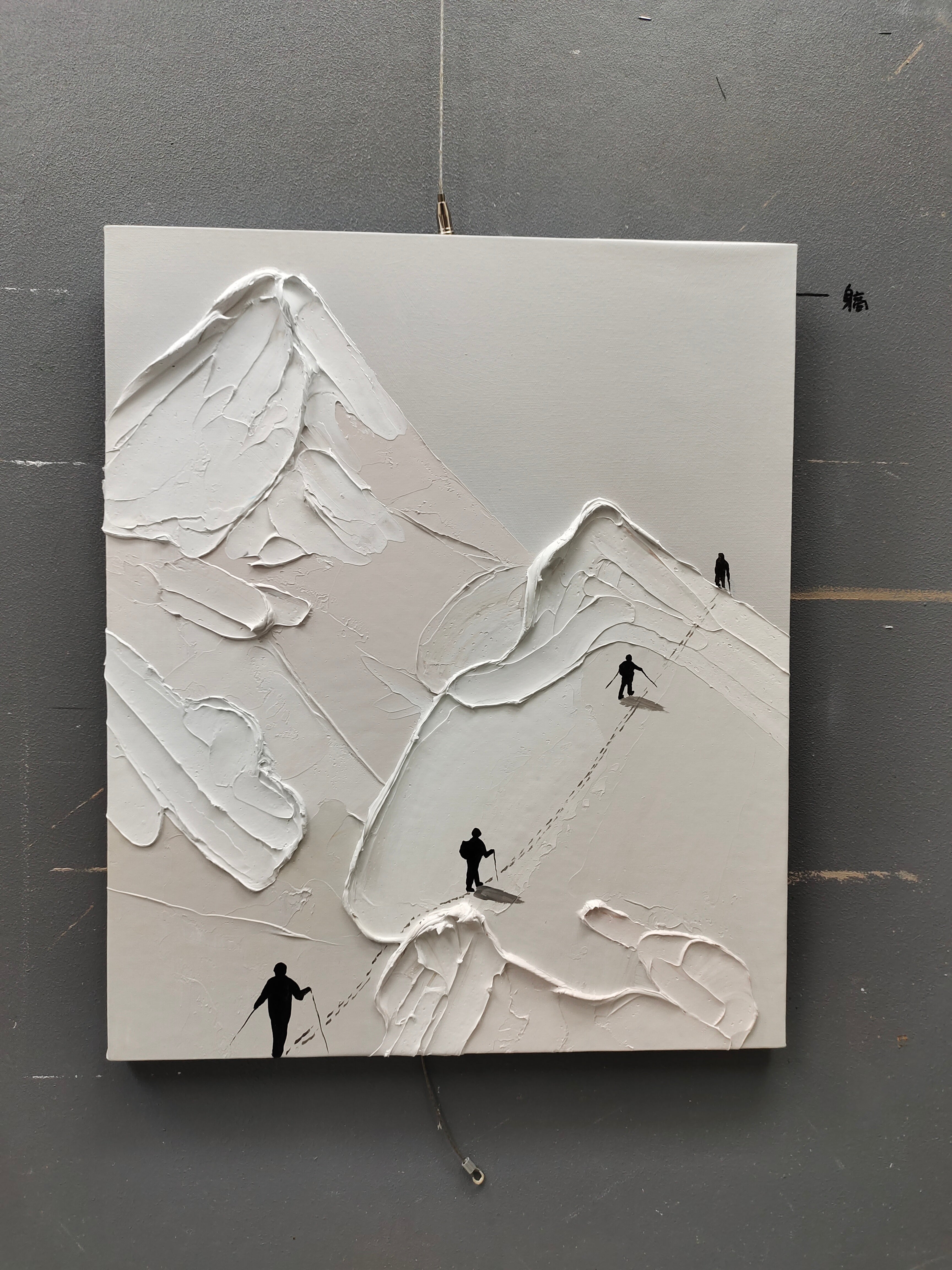 Snow Mountain Climbing Painting Skier Canvas Art White Plaster Art Snow Mountain Landscape Wall Art