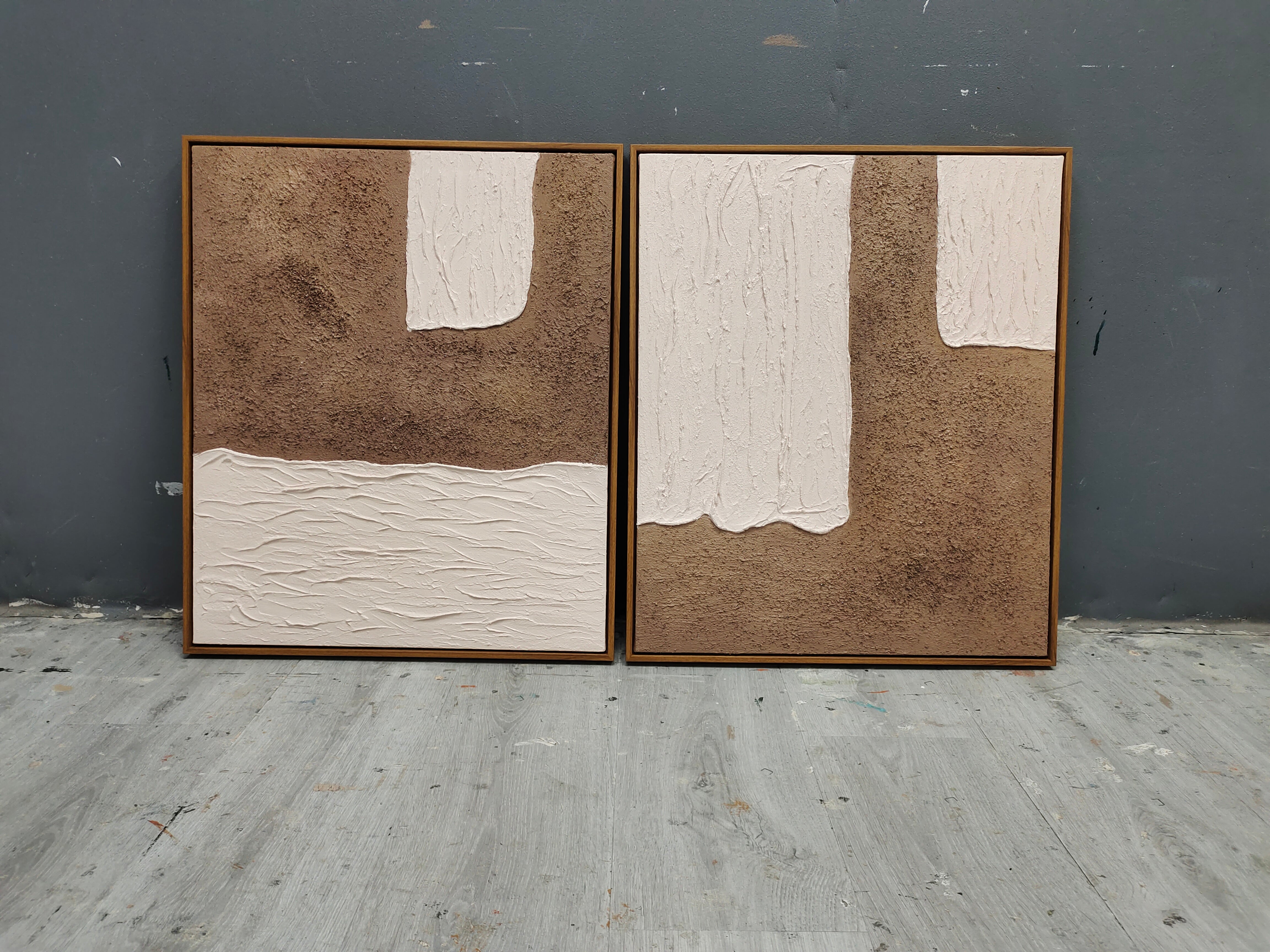 Brown and Beige 3D Abstract Painting Set of 2 Wabi-Sabi Wall Decor Painting Set of 2 Minimalist Painting Set of 2