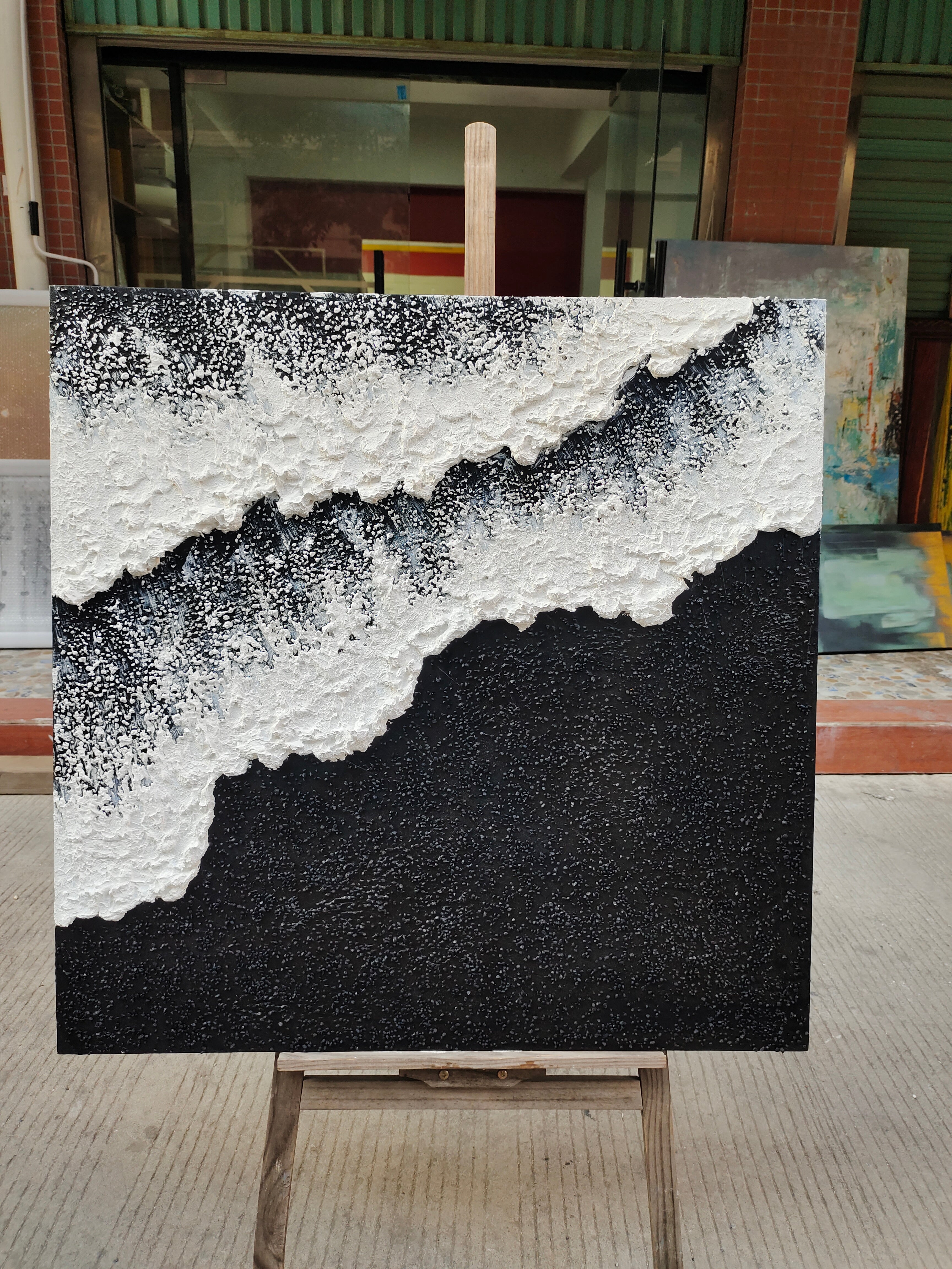 Black and White Beach Ocean Waves Plaster Canvas Art Textured Acrylic Painting Minimalist Art