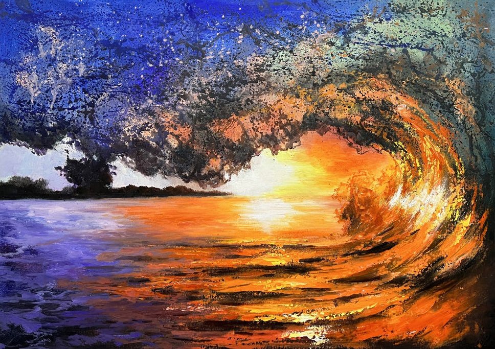 Realistic Oil Painting Of Sunset And Waves Surfing Theme Wall Art Decor Large Surfing Realism Art