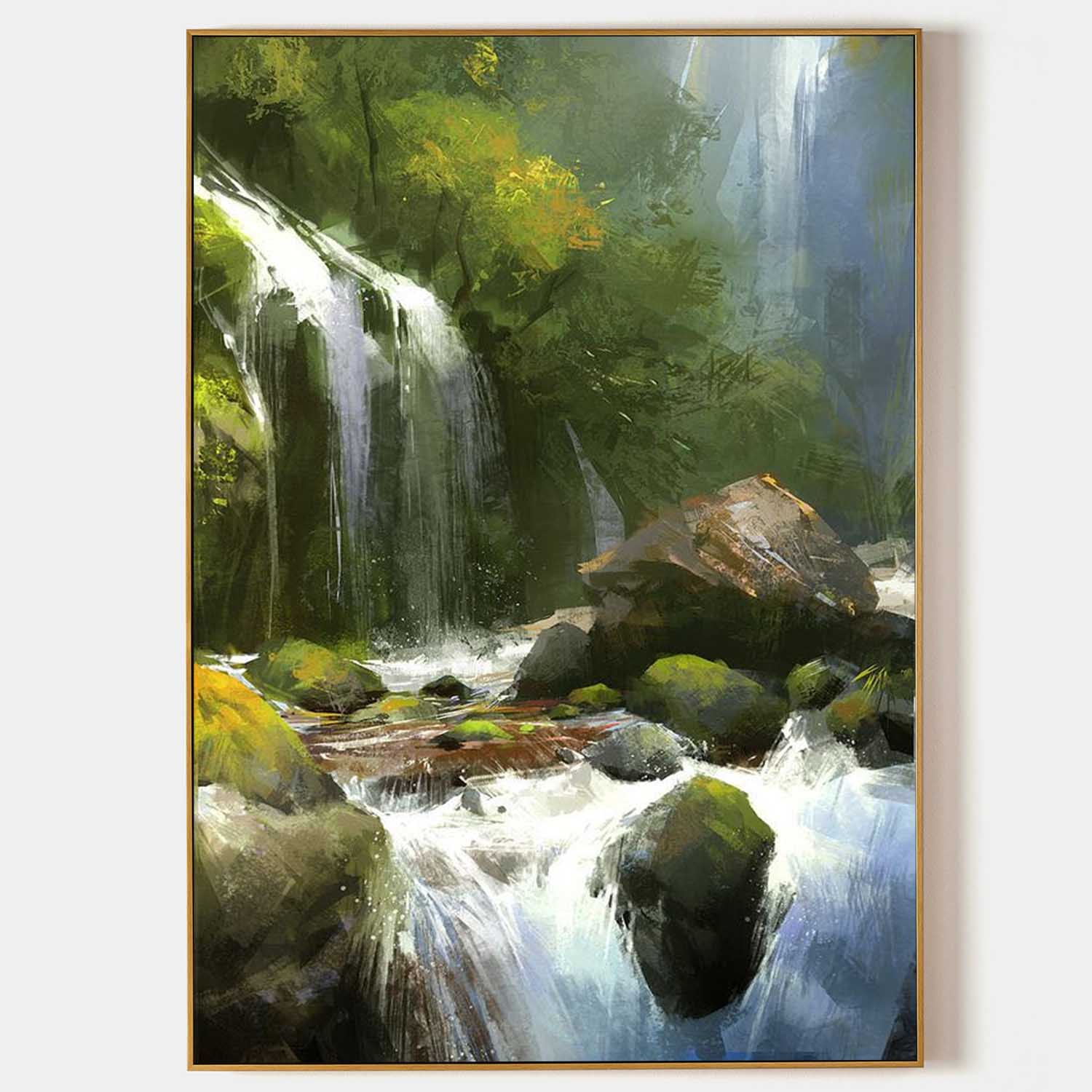 Hyperrealistic Green Stone Waterfall Landscape Art Green Stone Waterfall Landscape Canvas Wall Art