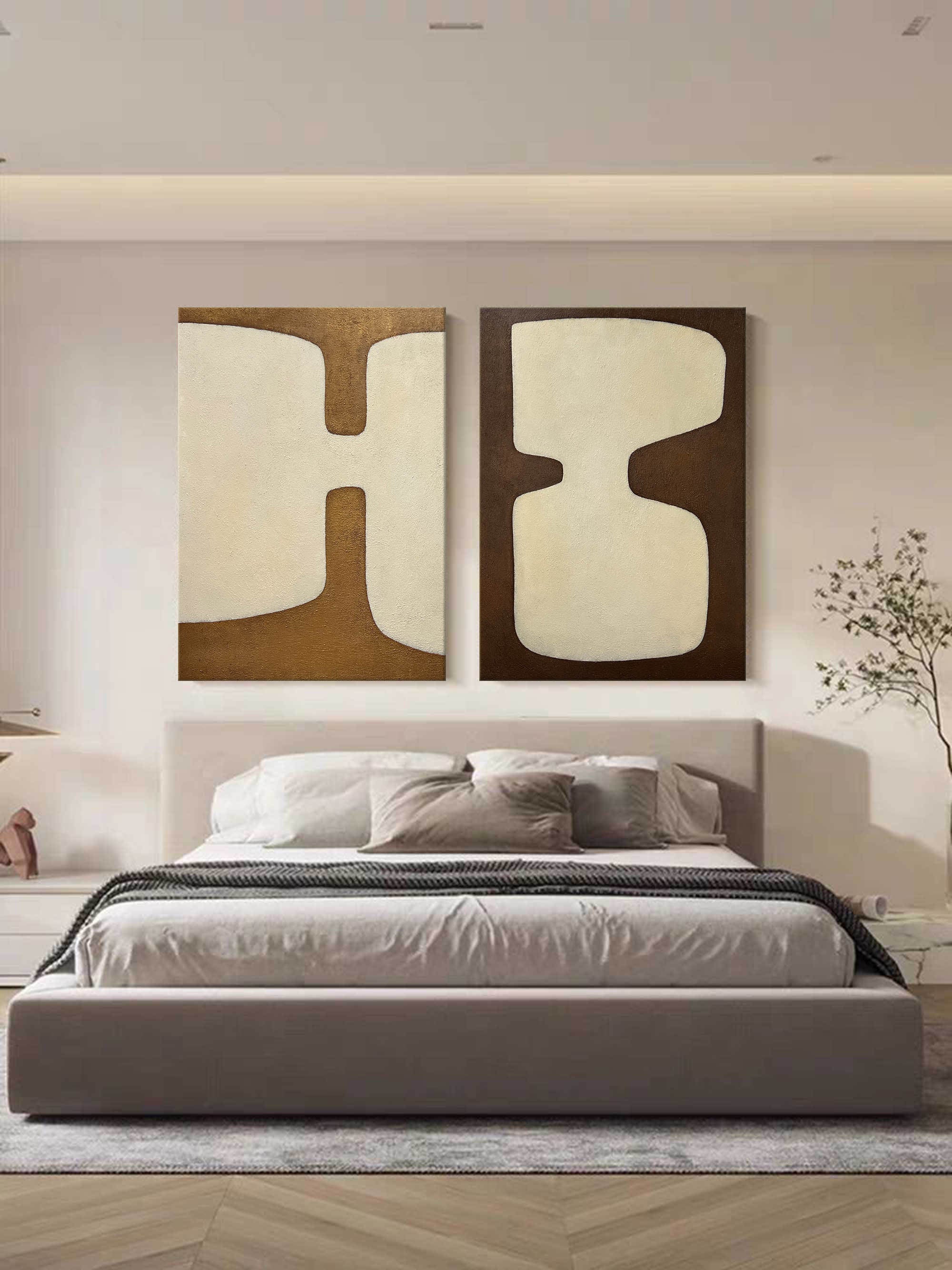 Beige and Brown Minimalist Abstract Art Set of 2 Wabi-Sabi Interior design Textured Wall Art 