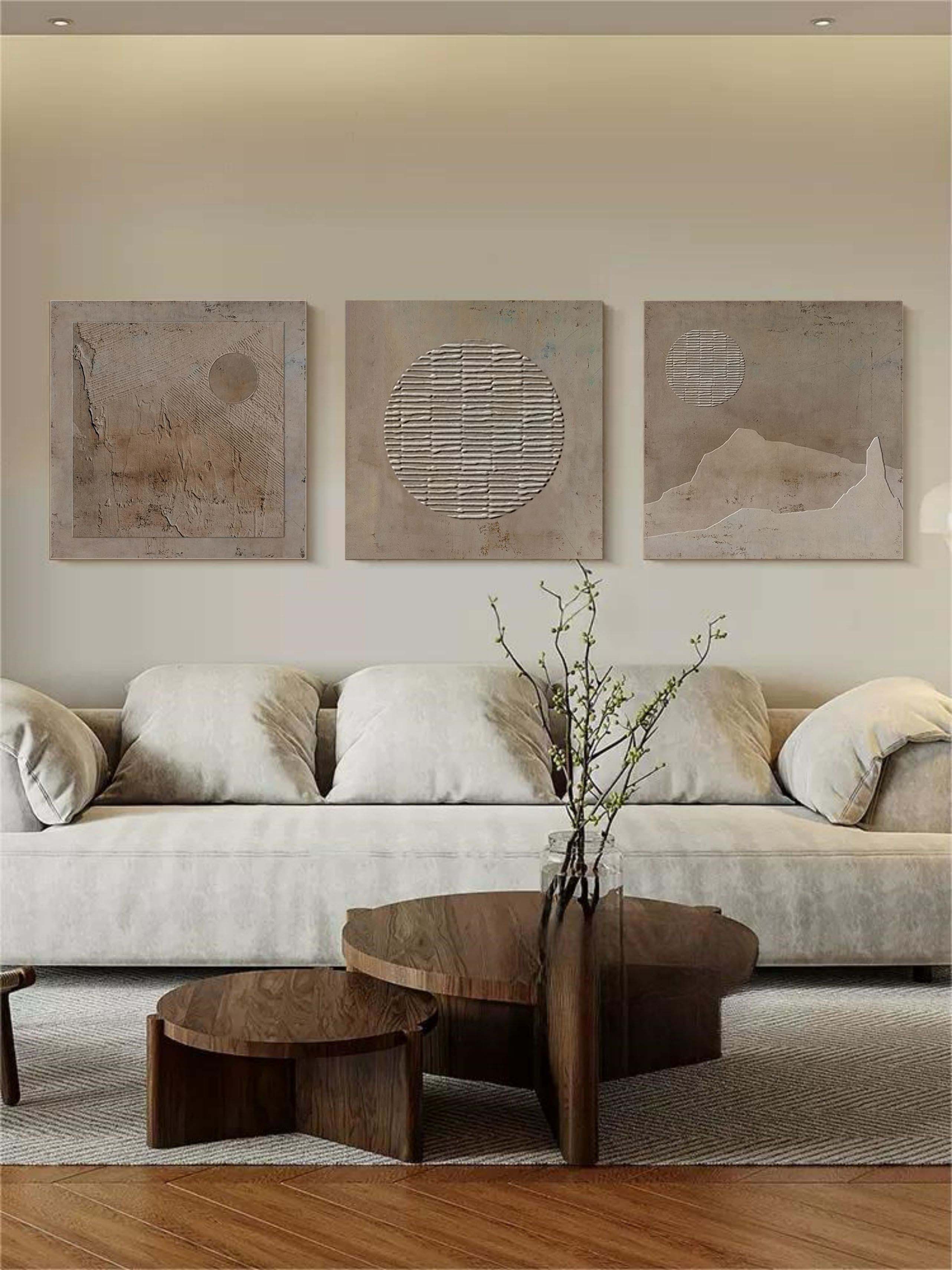 Brown 3D Abstract Art On Canvas Textured Wall Art Wabi-Sabi Wall Art Minimalist Paintings Set of 3