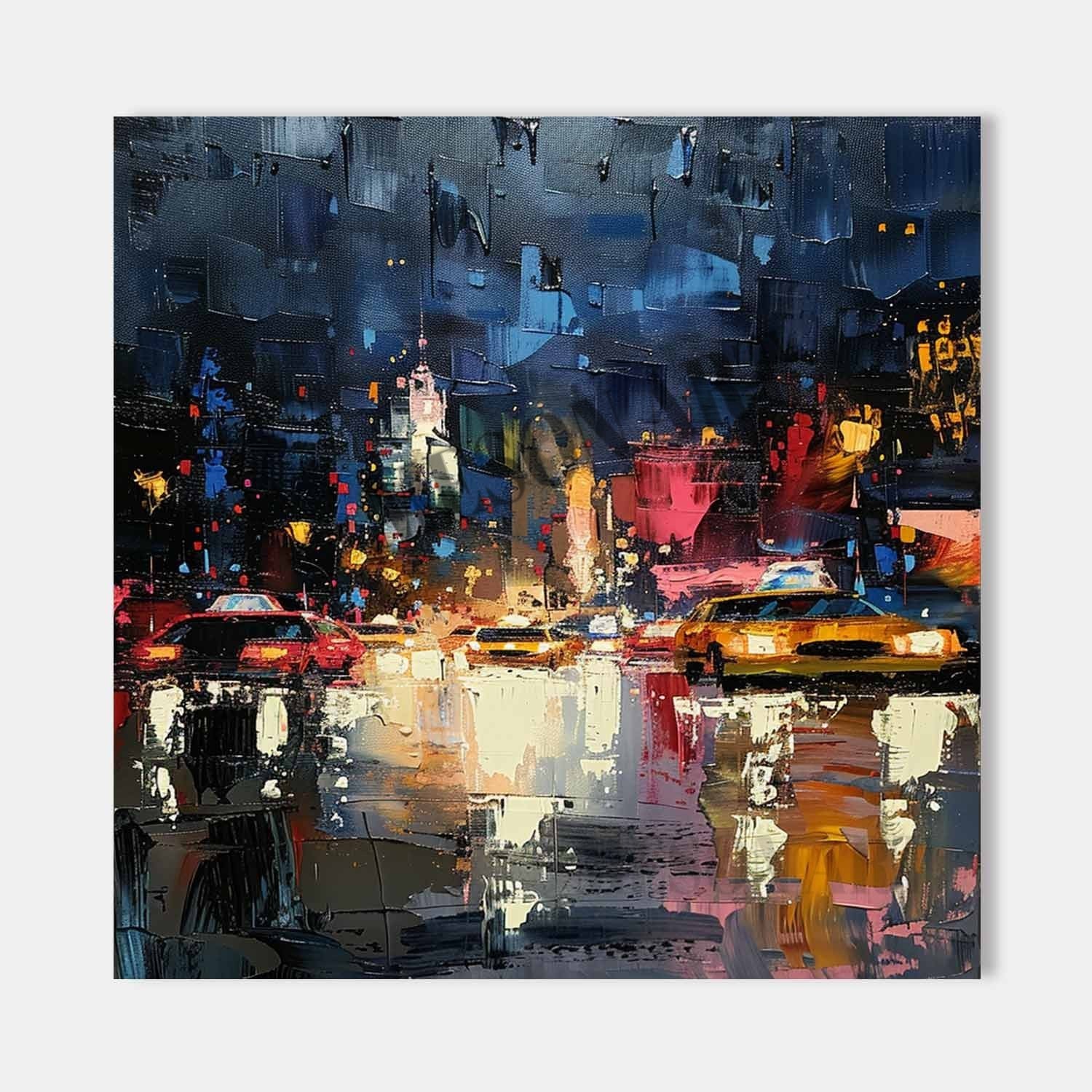 City Street Night Scene Texture Painting 3D Colorful City Street Night Scene Canvas Wall Art