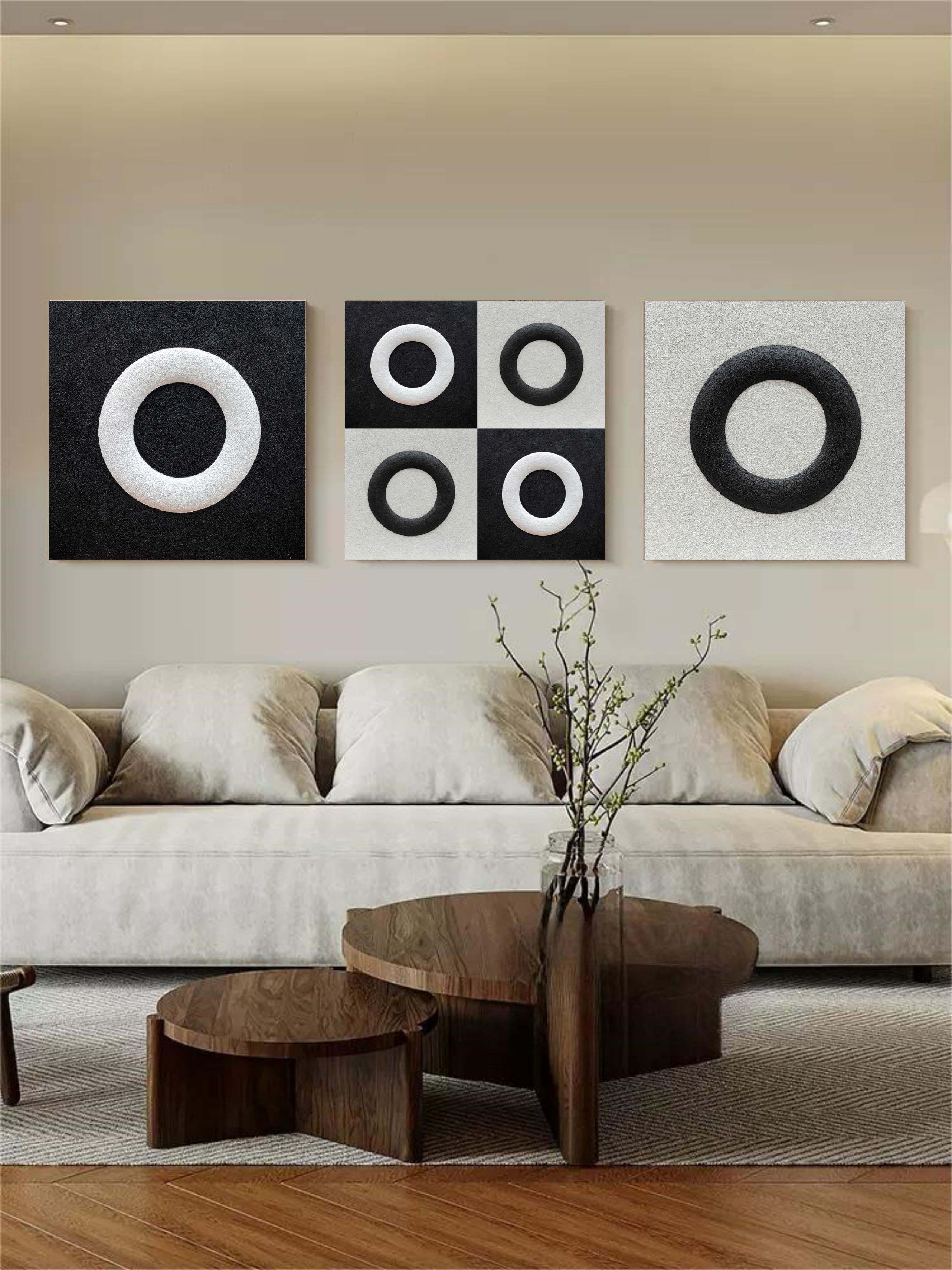 Black and White Circle Abstract Art Canvas Set of 3 Black and White Circle Paintings Circle Wall Art