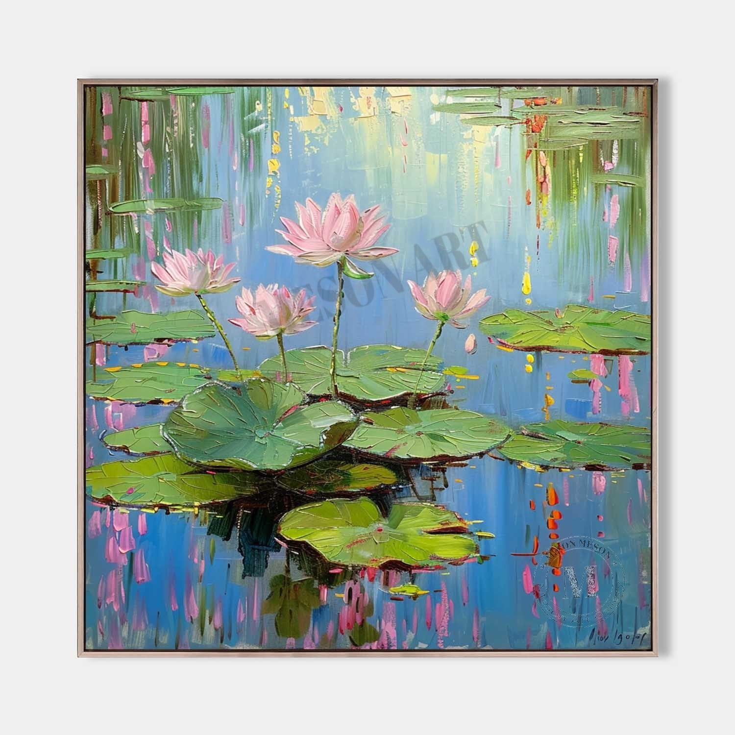 44*44 Monet Lotus Oil Painting for Sale Monet Lotus Artwork Green Monet Lotus Canvas Wall Art