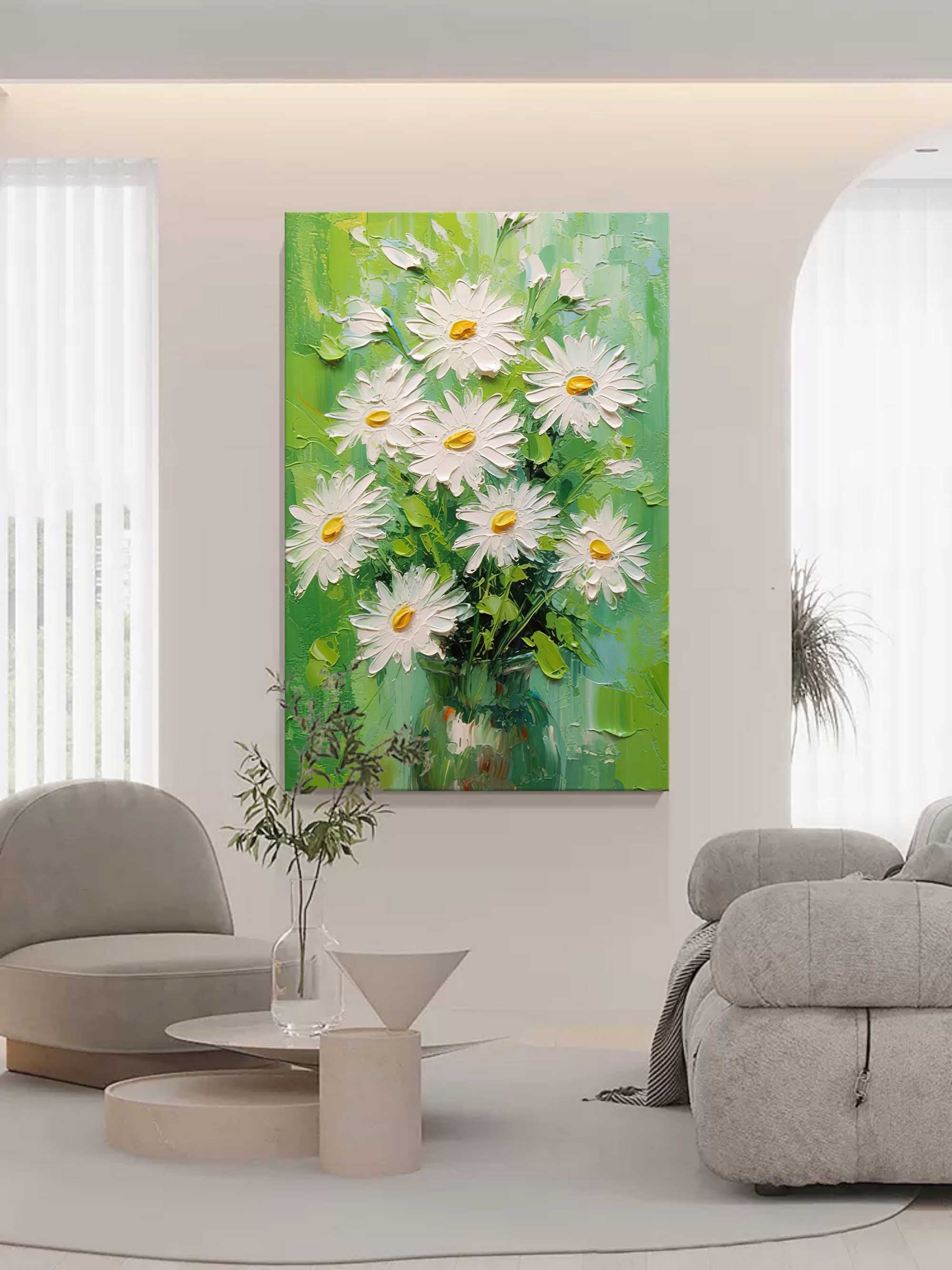 White Flowers Oil Paintings For Sale Green And White Vase Canvas Art Still Life Painting Texture Art