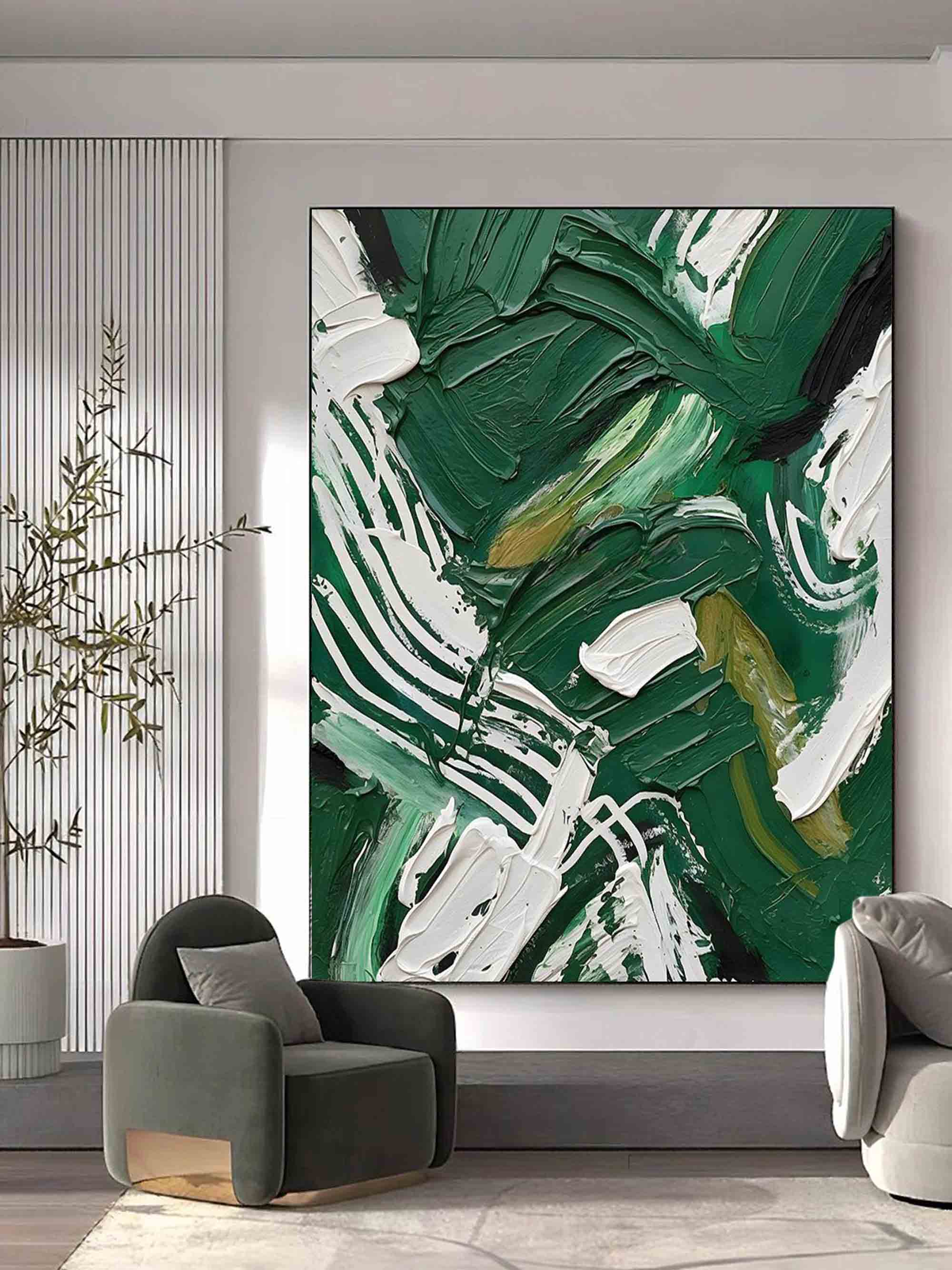 Large Green and White Abstract Oil Painting Green Textured Wall Art Green Oil Paintings for Sale