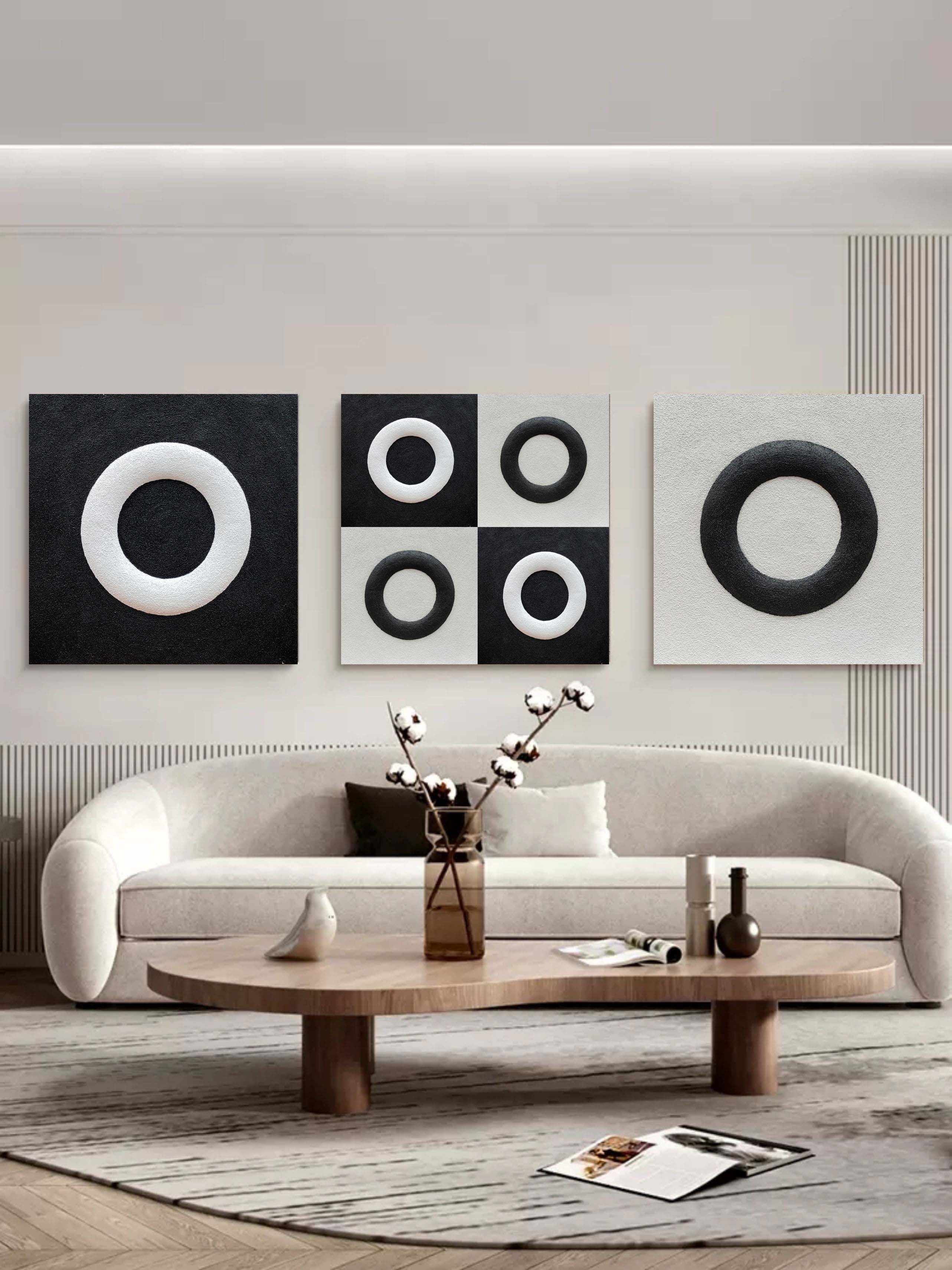 Black and White Circle Abstract Art Canvas Set of 3 Black and White Circle Paintings Circle Wall Art