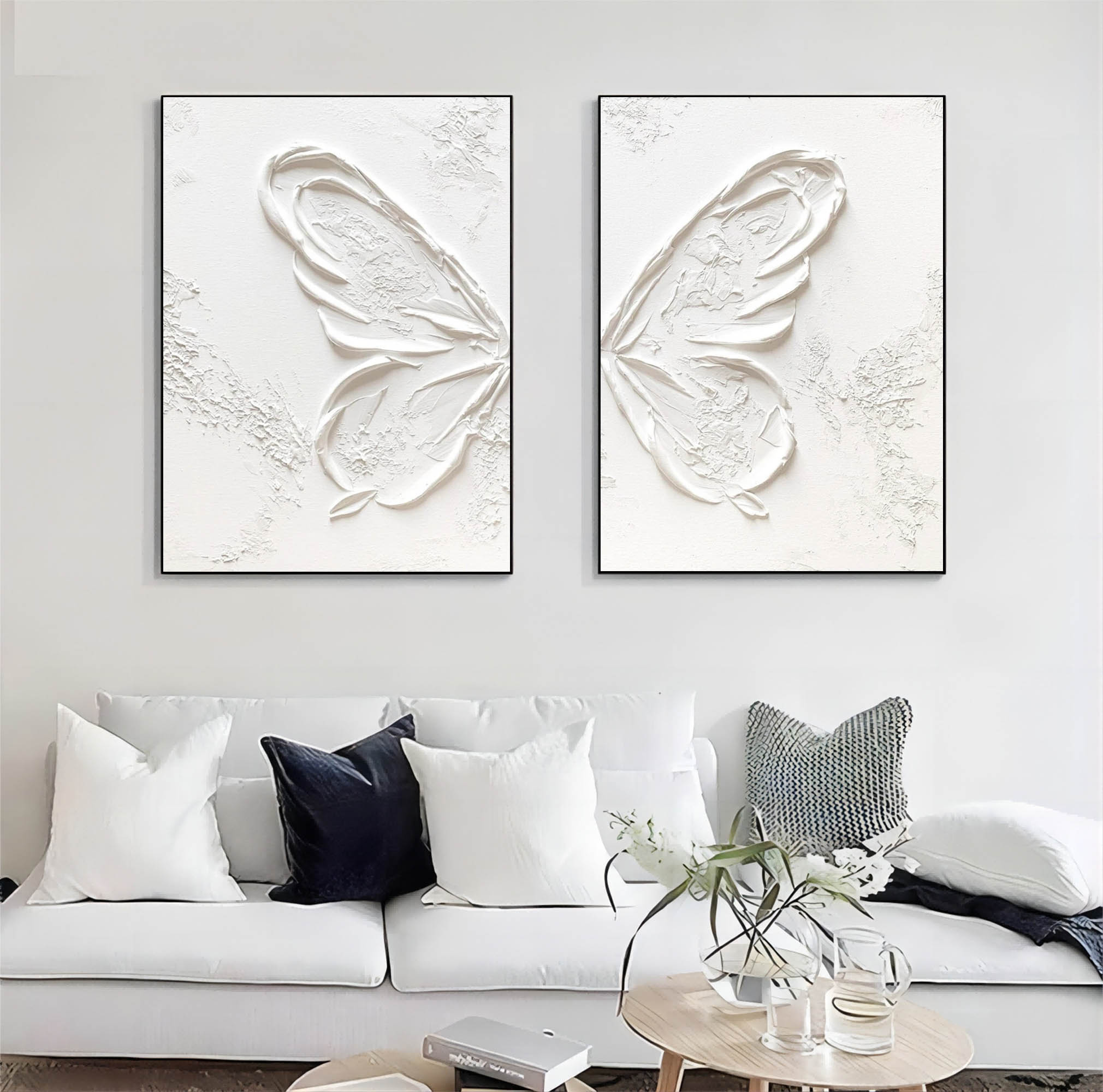 White Butterfly Texture Acrylic Canvas Painting Plaster Painting on Canvas Set of 2 Plaster Wall Art