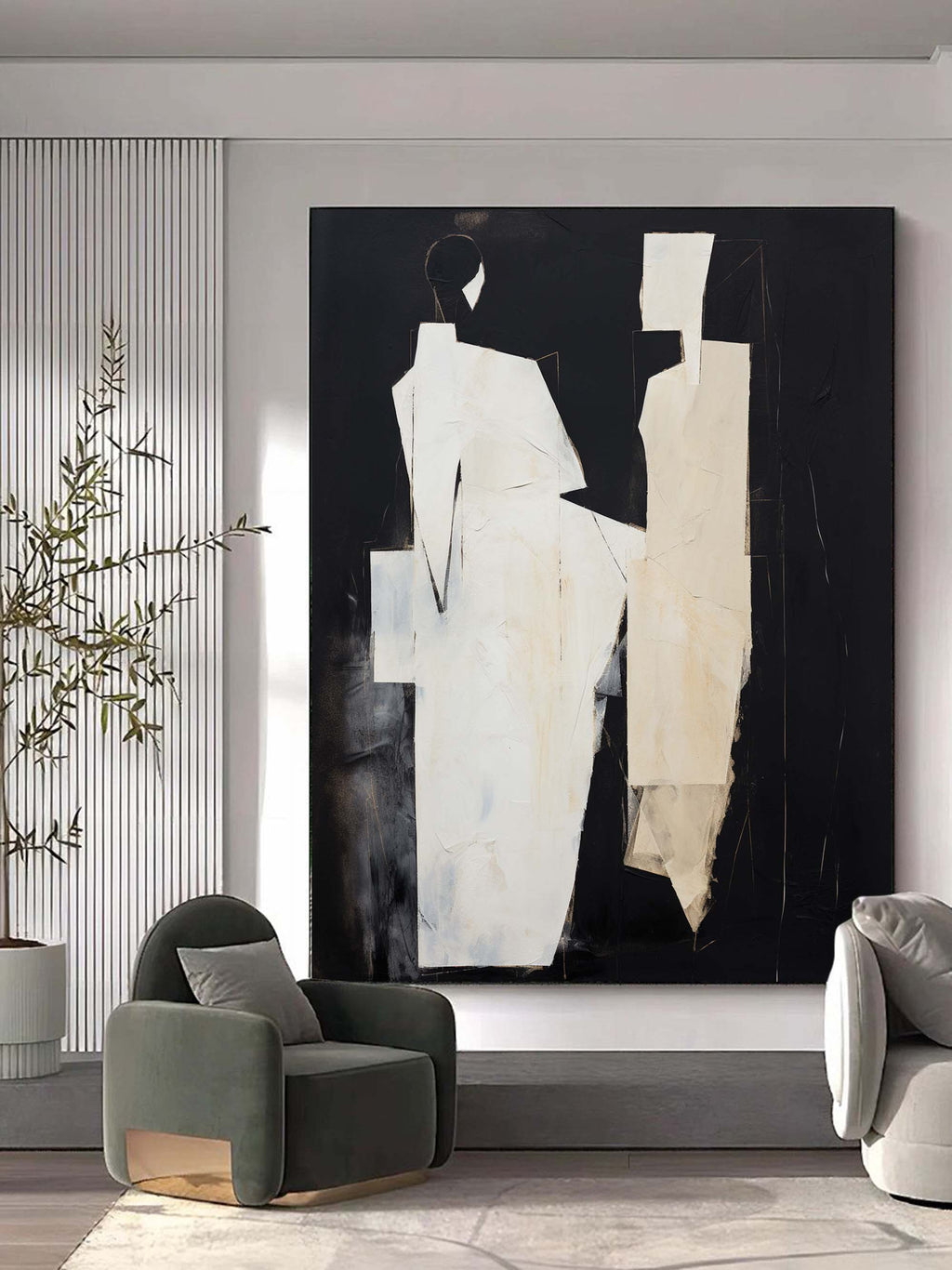 Black Abstract Canvas Art Black Minimalist Painting Black and Beige ...