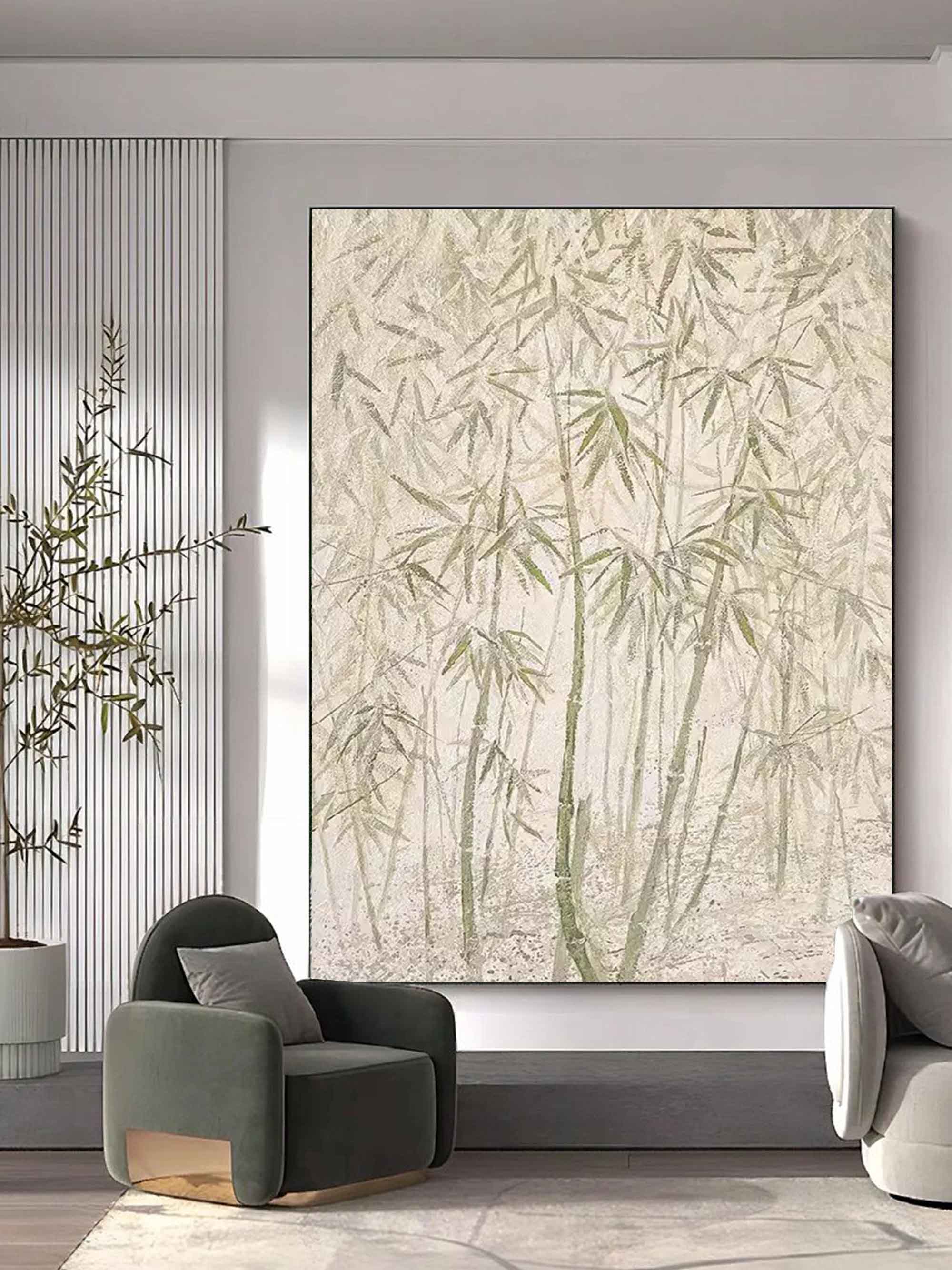 Green Bamboo on Canvas Wabi-Sabi Art Green Bamboo Oil Painting Bamboo Japanese Painting