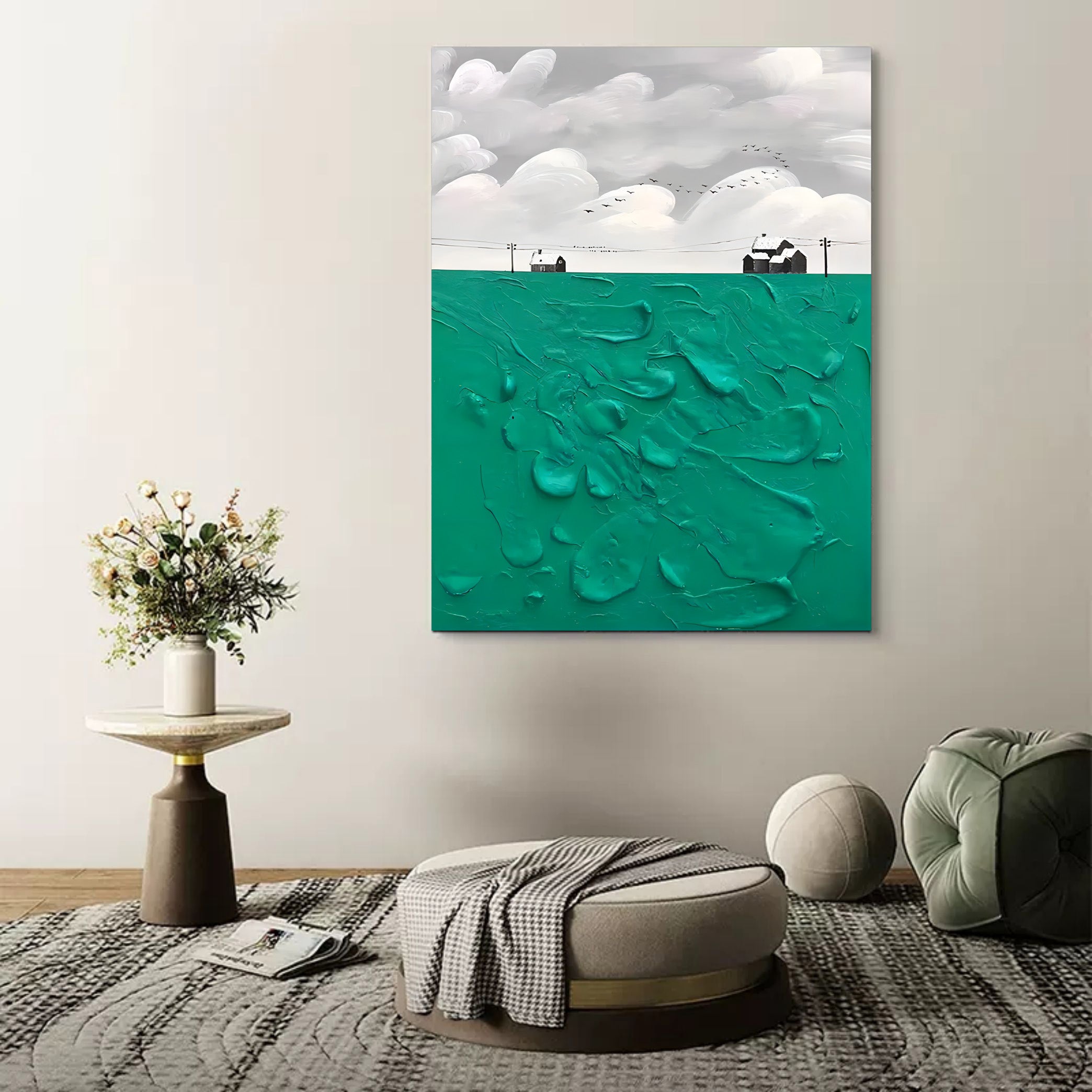 Green and White Canvas Painting Green Oil Painting Textured Wall Art Green Abstract Art 3D Plaster Art