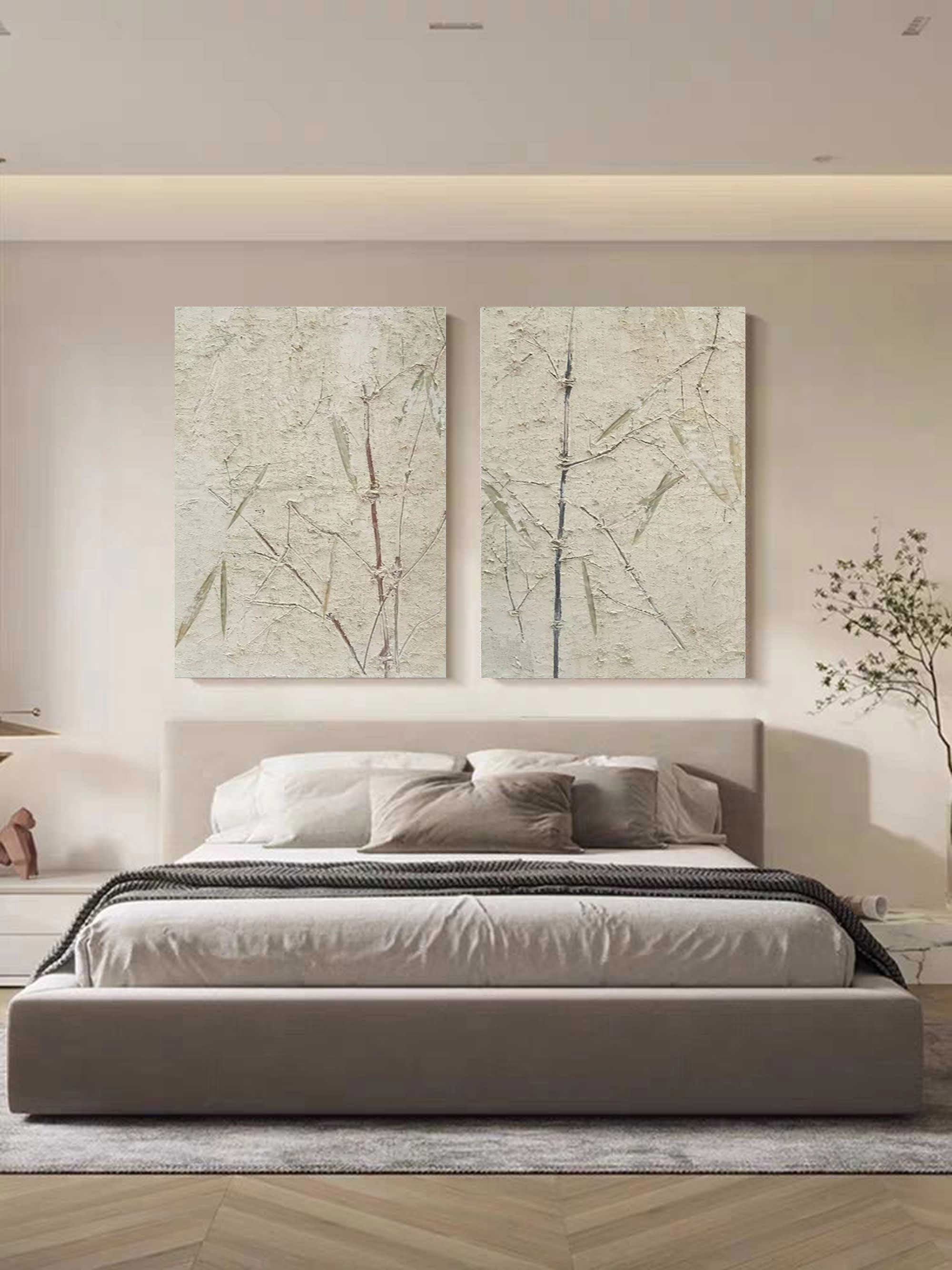 Wabi Sabi Wall Art Set Of 2 Beige Minimalist Art On Canvas Beige Texture Painting Bamboo Painting