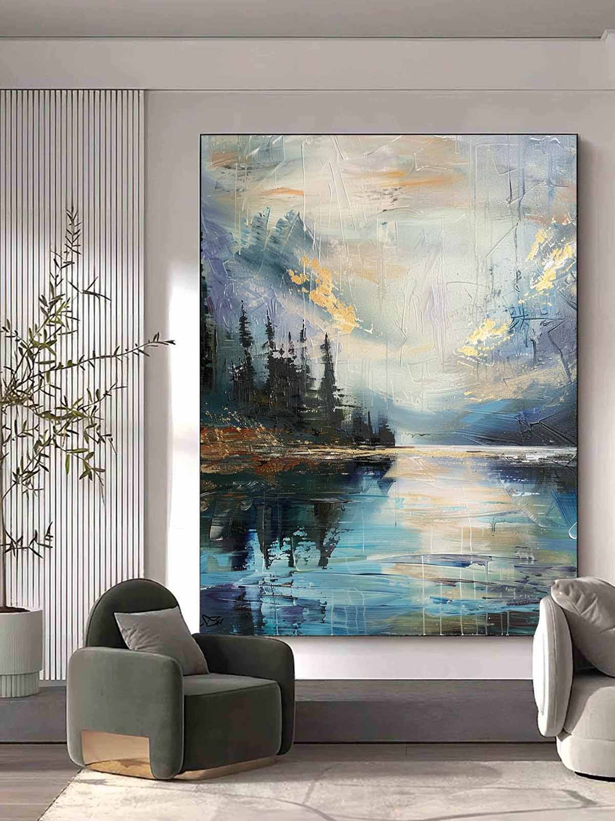 Sunrise by the lake abstract landscape art Sunrise by the lake abstract landscape canvas wall hanging painting for sale