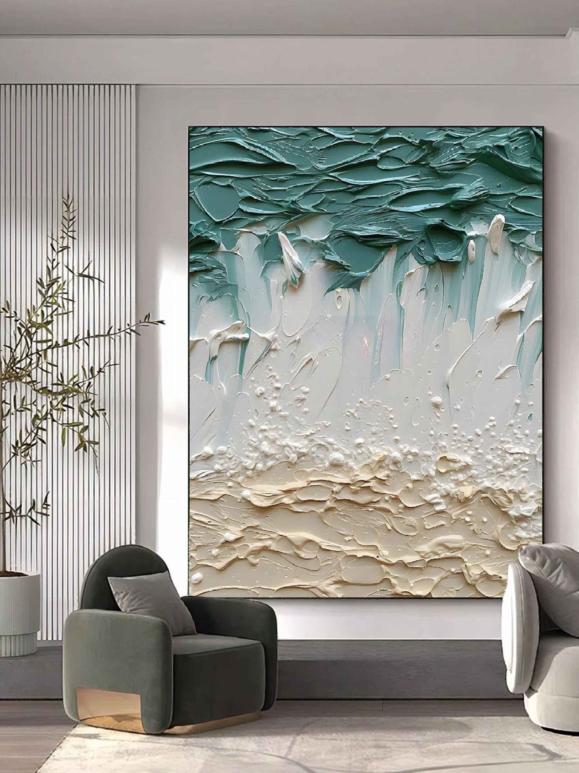 3D Green and White Canvas Art Thick Green and White Textured Abstract Painting Textured Wall Art