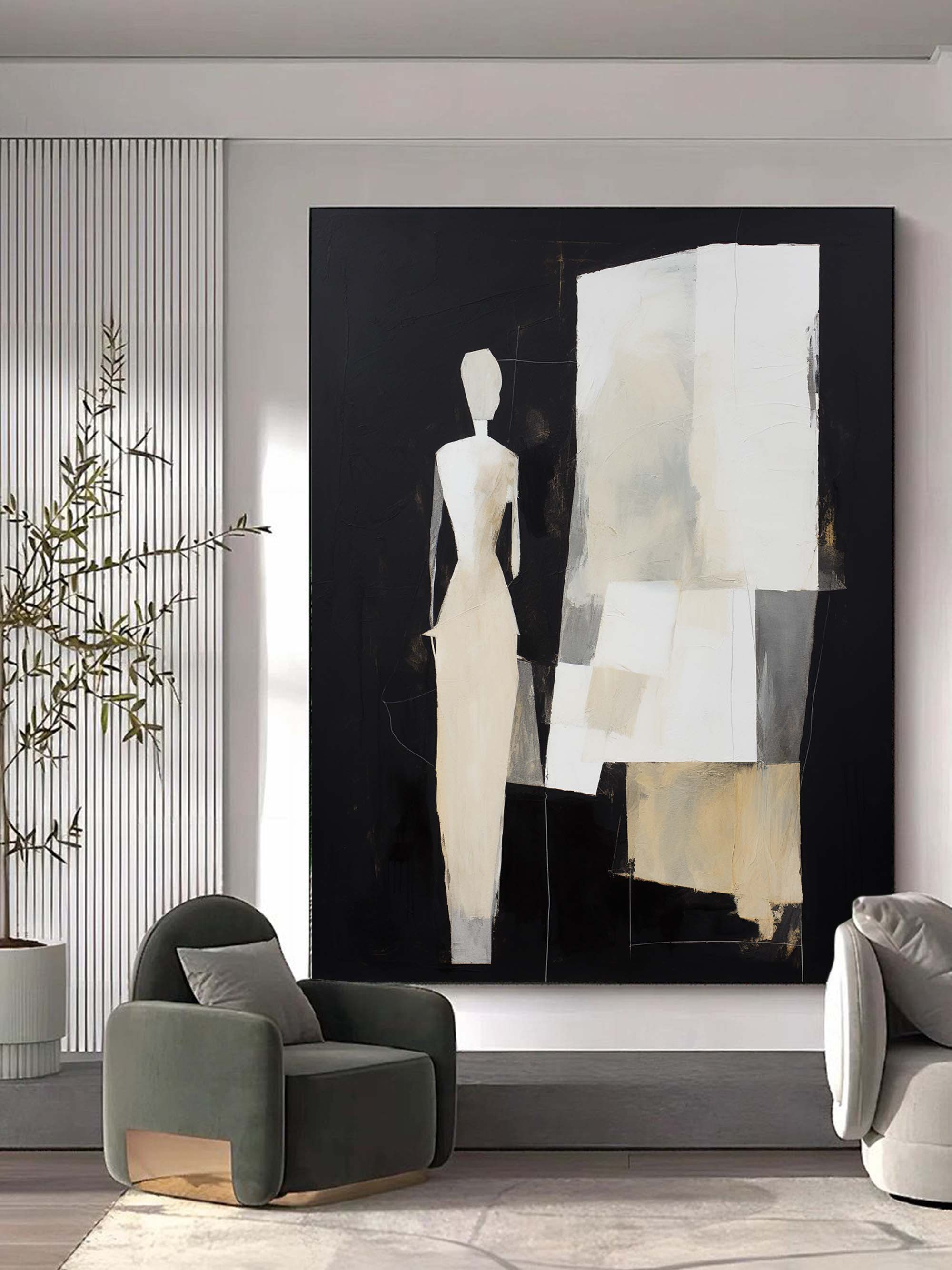 Abstract Lady Minimalist Wall Art Abstract Woman Canvas Art Black and Beige Abstract Woman Oil Painting Figure Texture Abstract Art Canvas