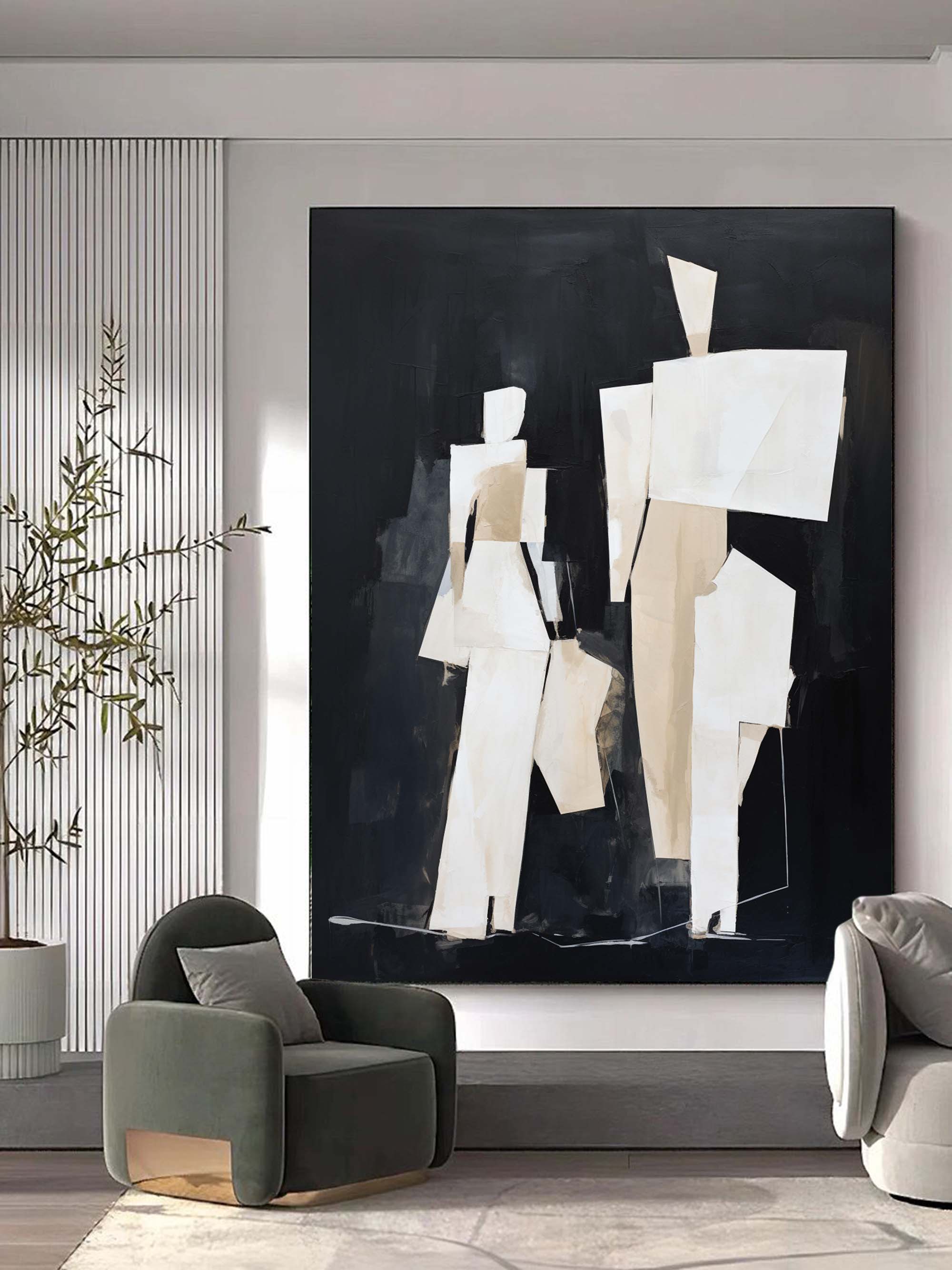 Black and Beige Minimalist Wall Art Black and Beige Abstract Oil Painting Black and Beige People Abstract Art Abstract People Wall Decor