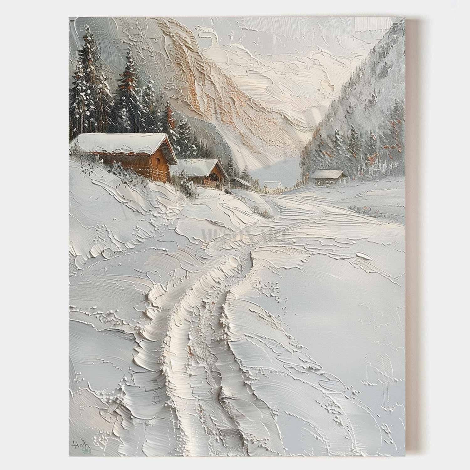 Country Snow Scene Texture Painting Snow Resort Art Canvas Swiss Snowy Sky Wall Art