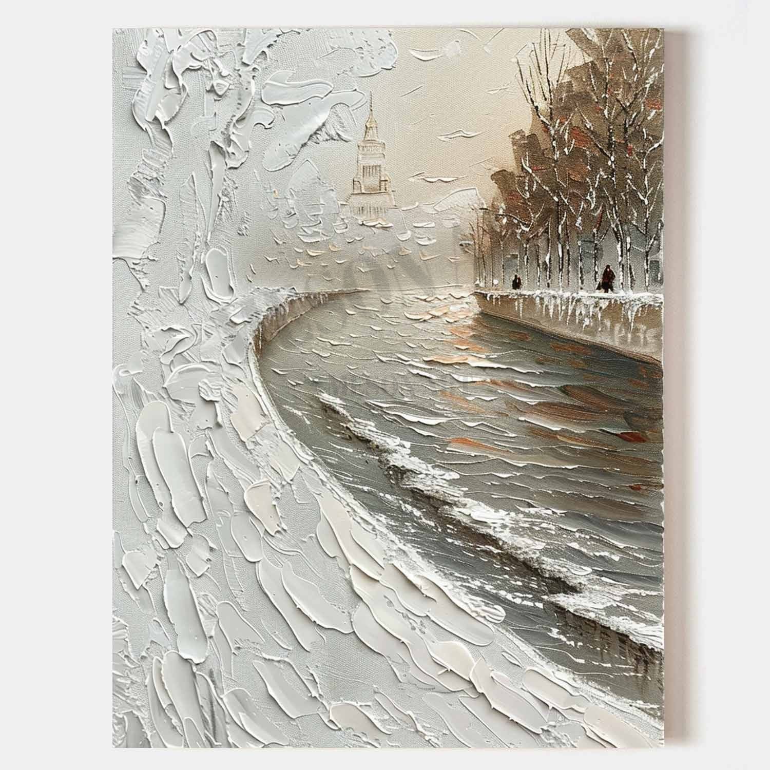 French Seine River Abstract Textured Painting Seine River Art Canvas Snowy Seine River Wall Art