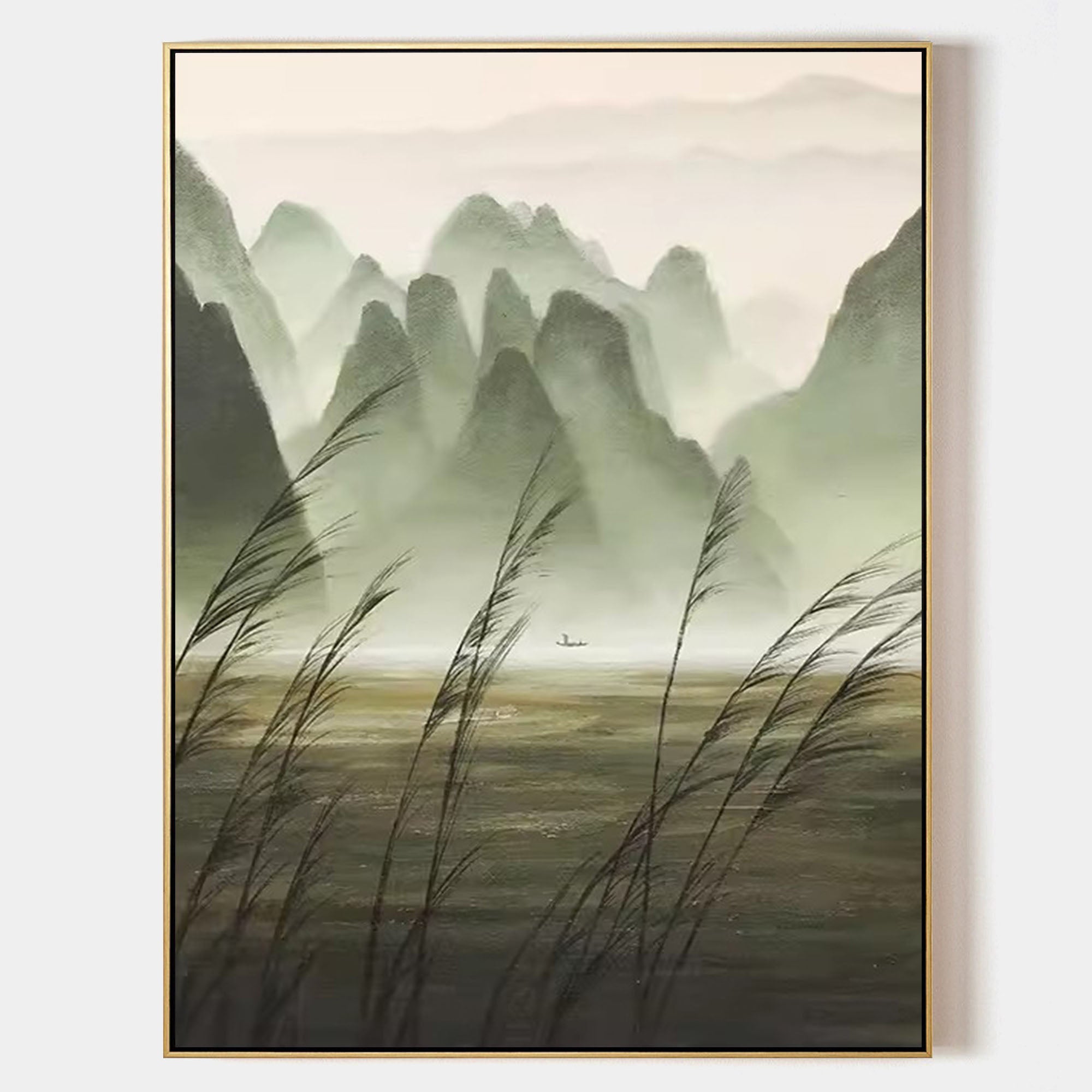 Gray and Green Landscape Canvas Art Wabi-Sabi Wall Art Decor Gray and Green Landscape Oil Painting