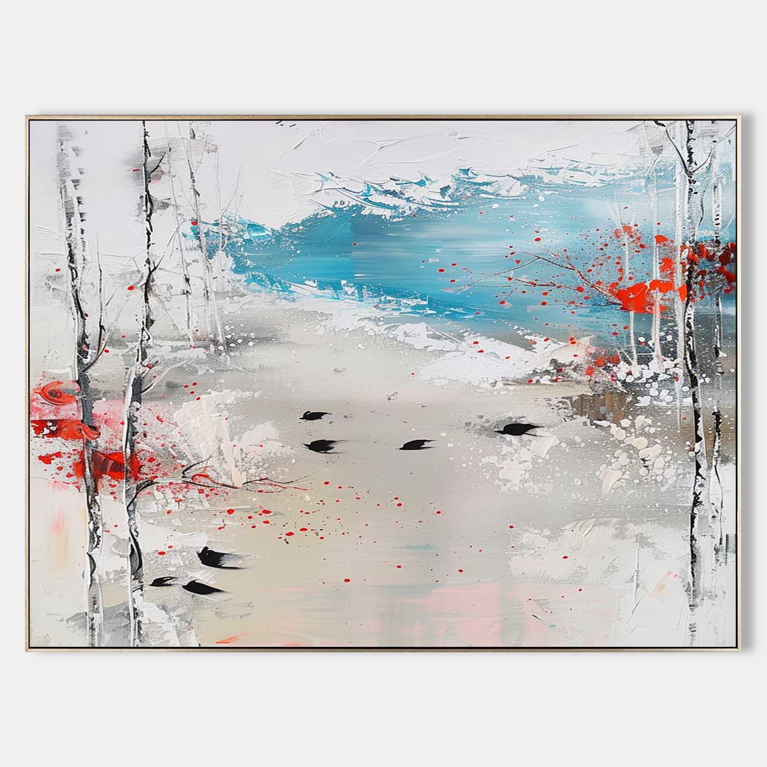 Large White Abstract Landscape Art for Sale Winter Lakeside Abstract Oil Painting Lakeside Canvas Wall Art