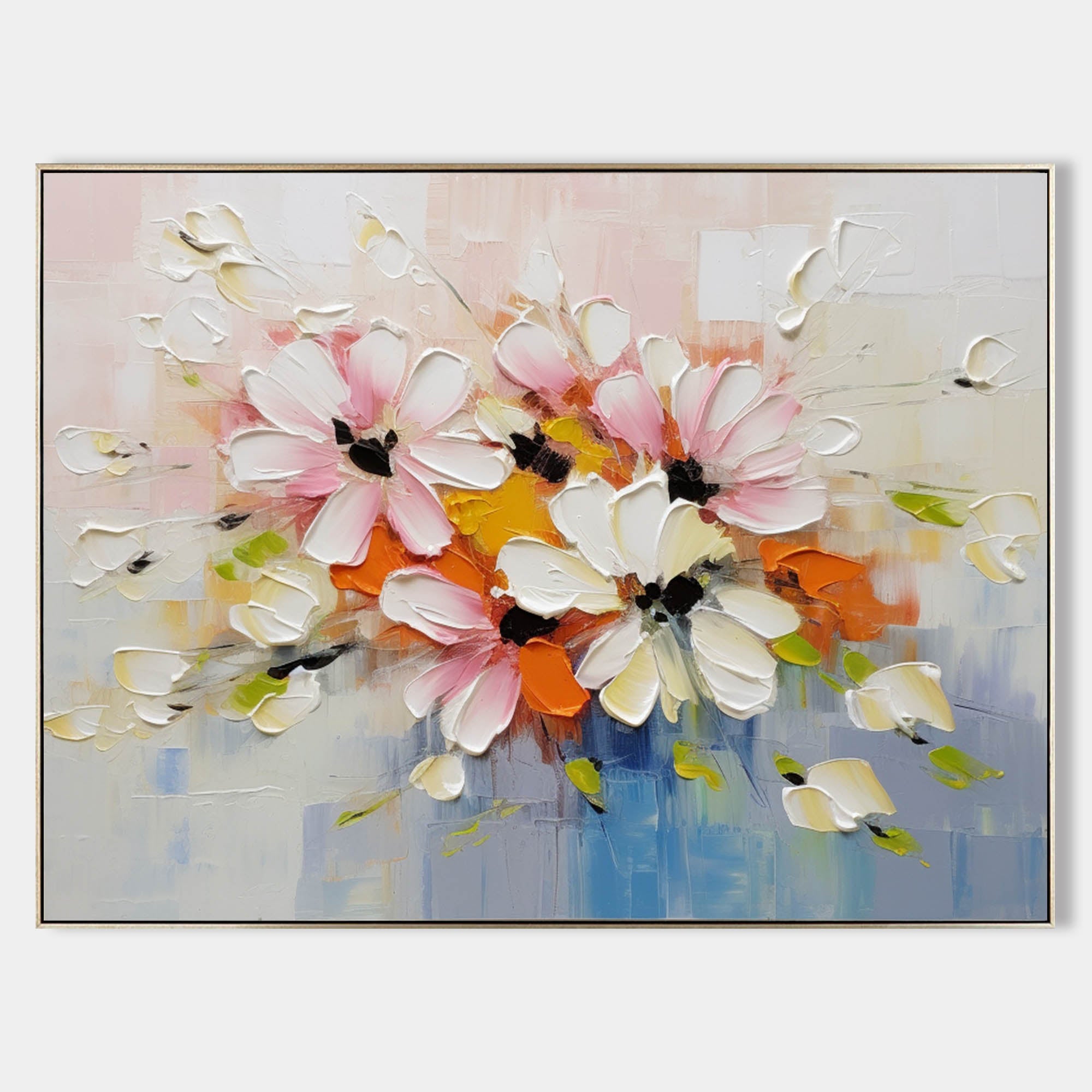 Large Beige and Blue Flowers Textured Painting Flowers Palette Wall Art Flowers Canvas Art