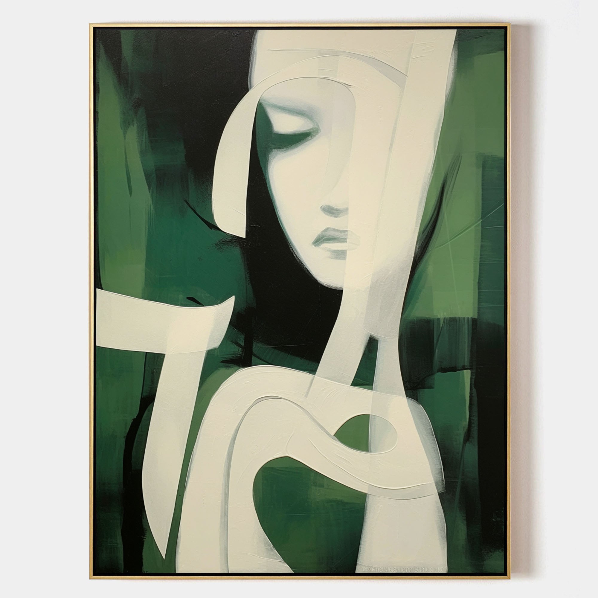 Green and White Abstract Woman Face Oil Painting Green and White Abstract Minimalist Canvas Wall Art