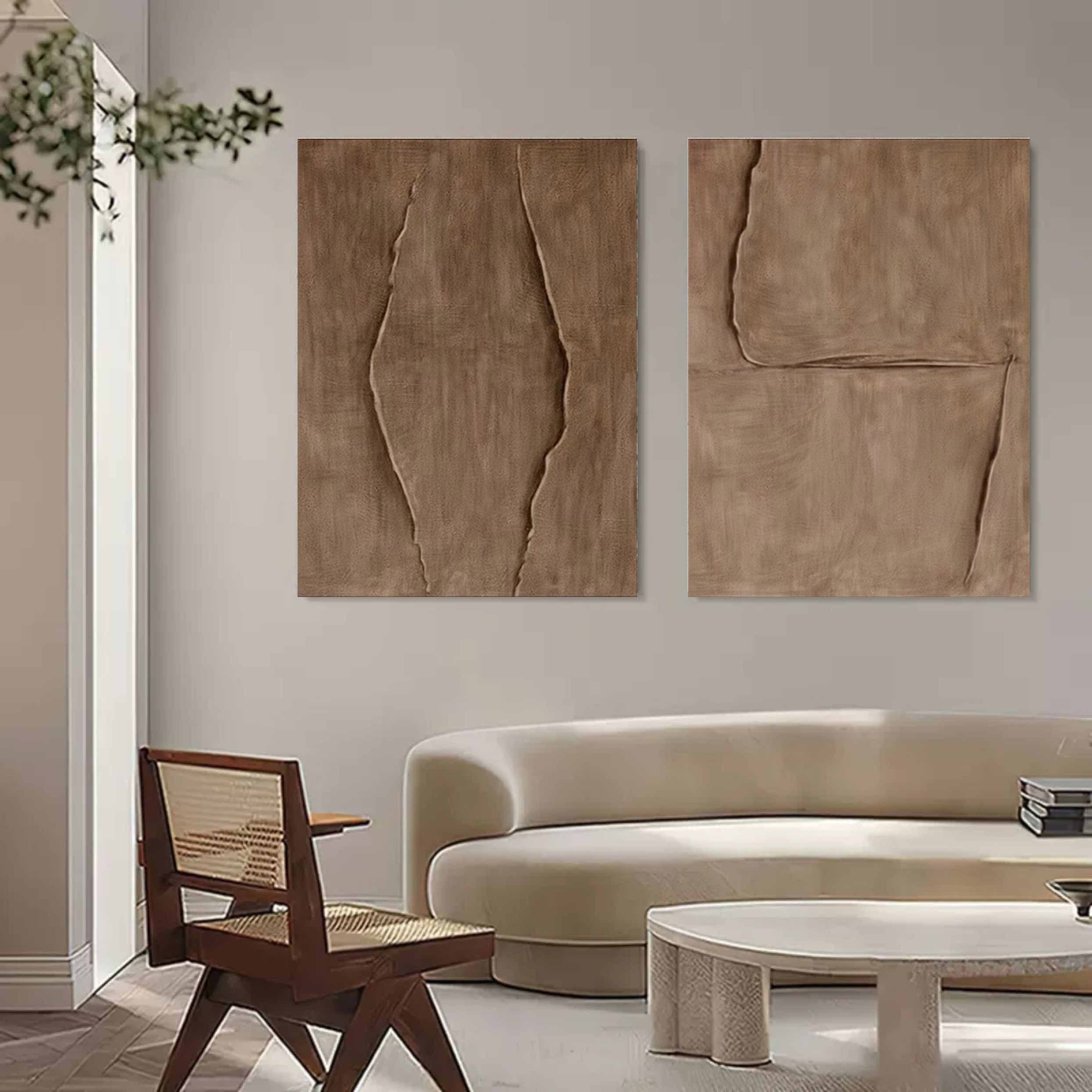 Brown Canvas Art On Canvas Set Of 2 Wabi Sabi Wall Art 3D Brown Textured Painting Brown Minimal Art