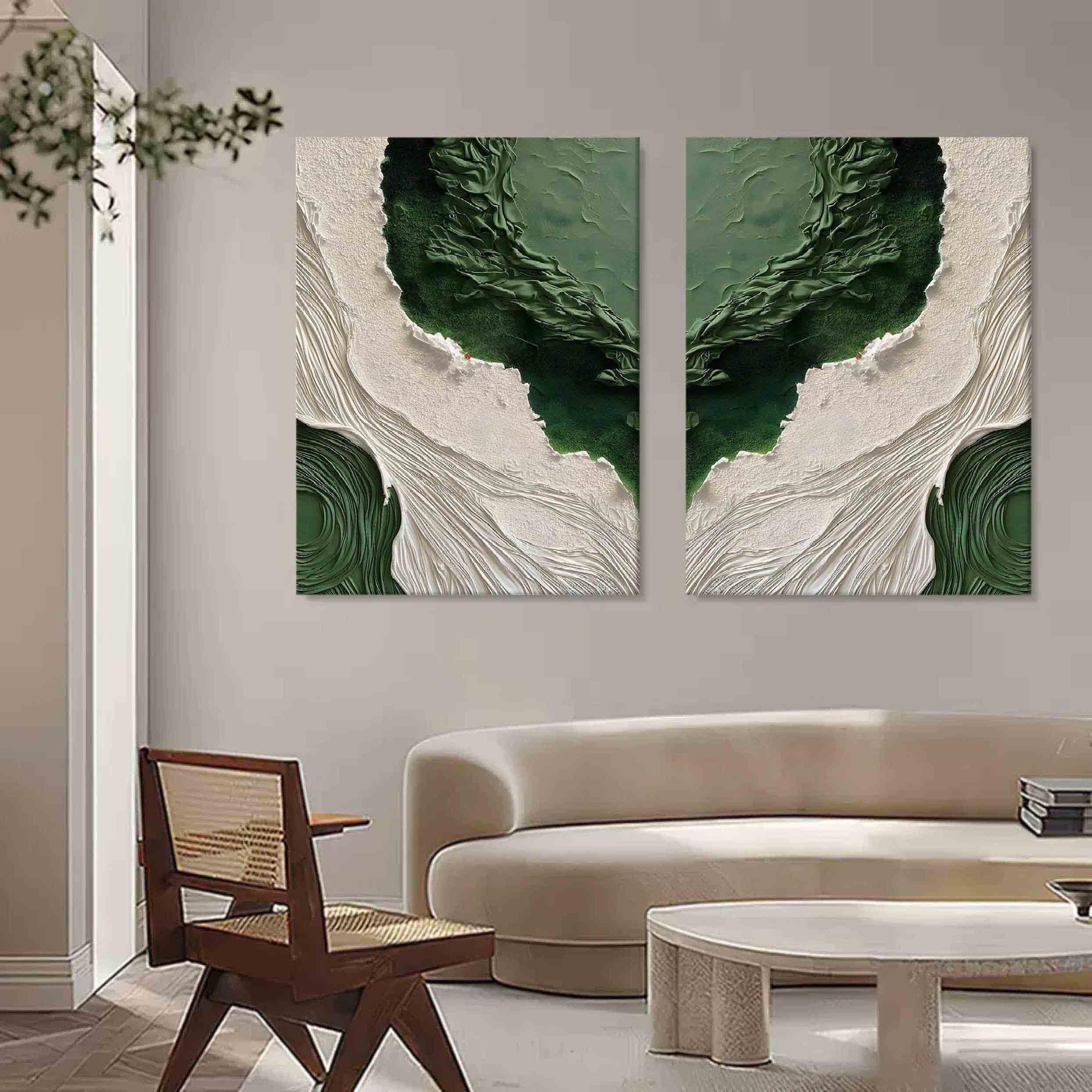 3D Green and White Textured Abstract Painting Set of 2 Green and White Canvas Art Plaster Wall Art