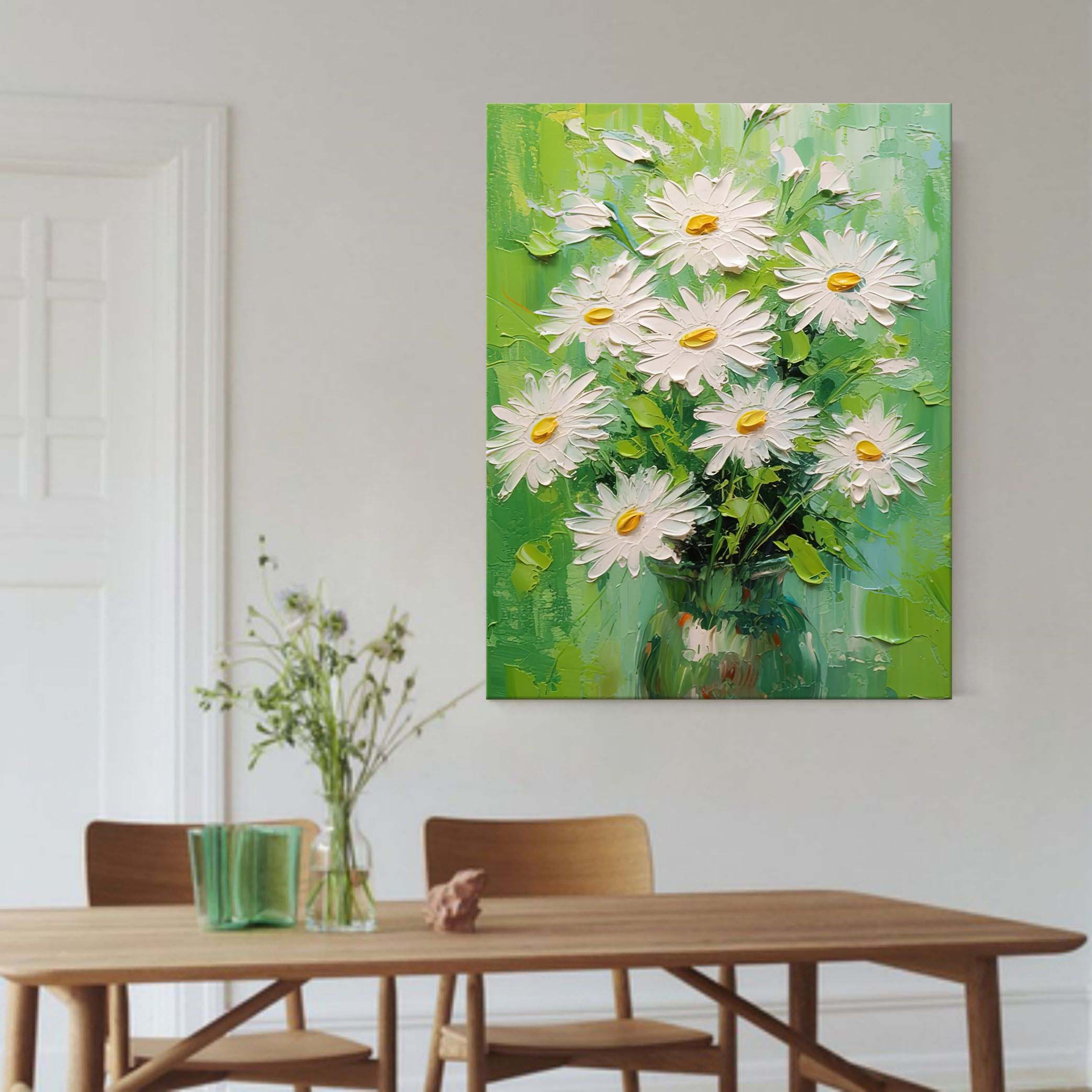 White Flowers Oil Paintings For Sale Green And White Vase Canvas Art ...