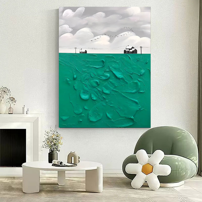 Green and White Canvas Painting Green Oil Painting Textured Wall Art Green Abstract Art 3D Plaster Art