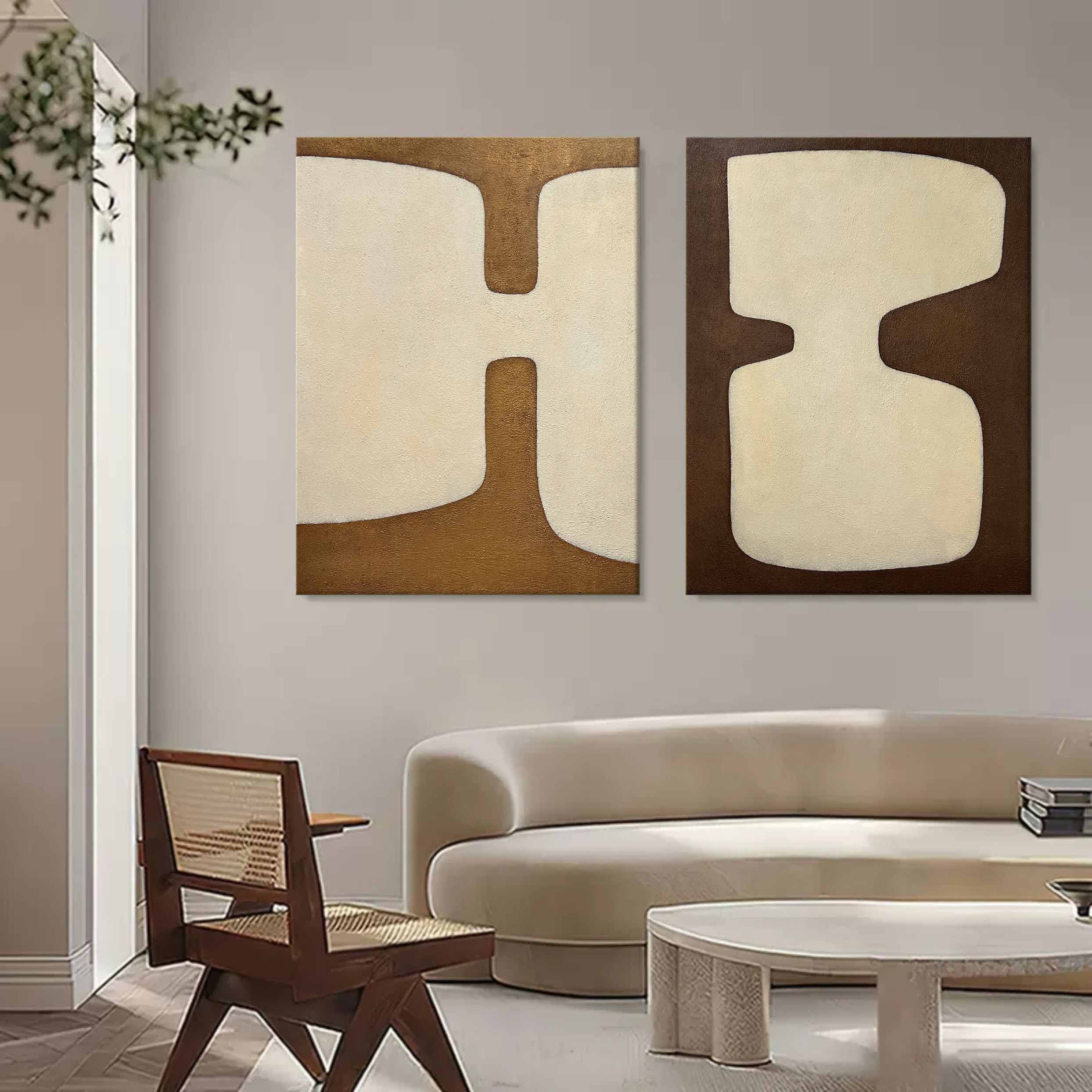 Beige and Brown Minimalist Abstract Art Set of 2 Wabi-Sabi Interior design Textured Wall Art 