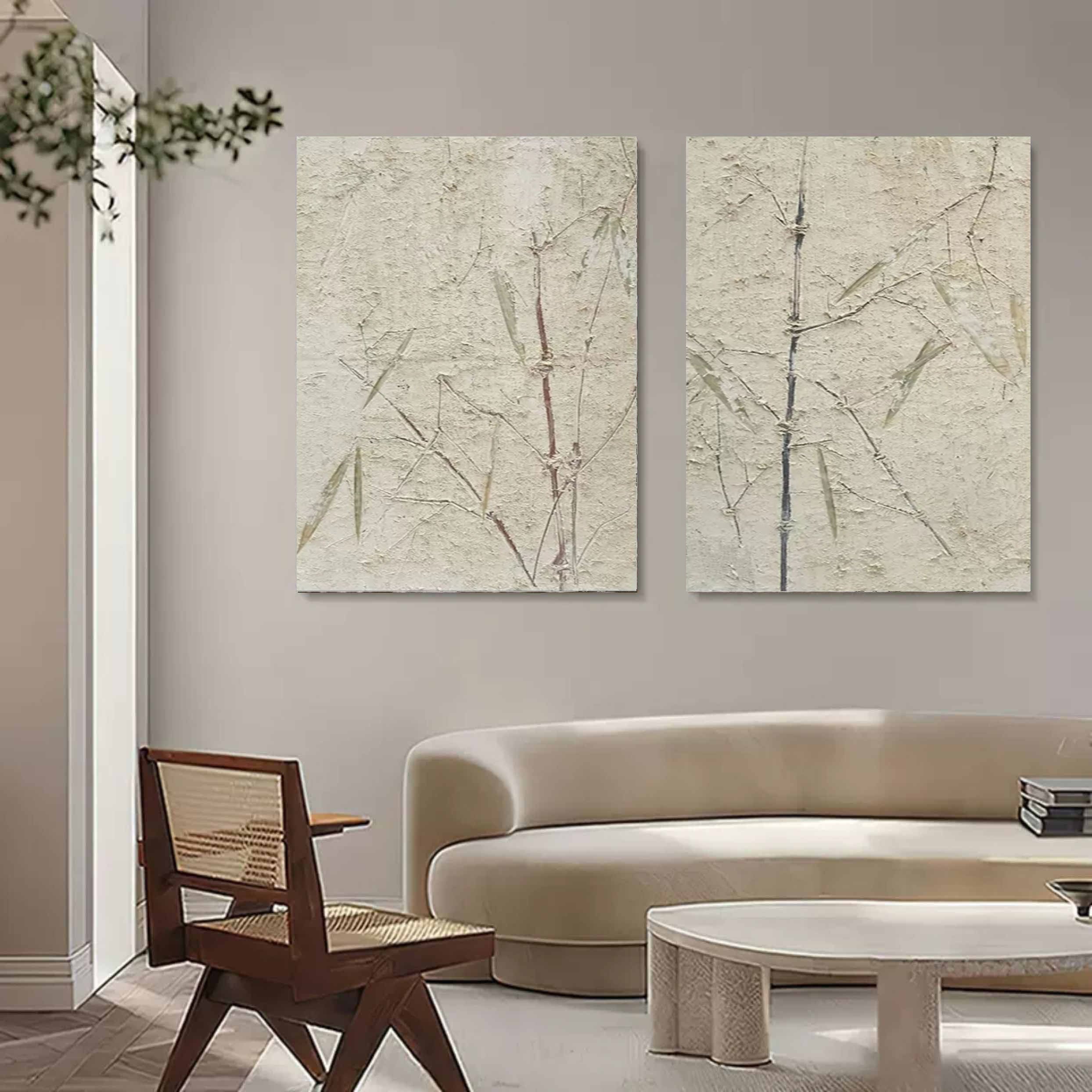 Wabi Sabi Wall Art Set Of 2 Beige Minimalist Art On Canvas Beige Texture Painting Bamboo Painting