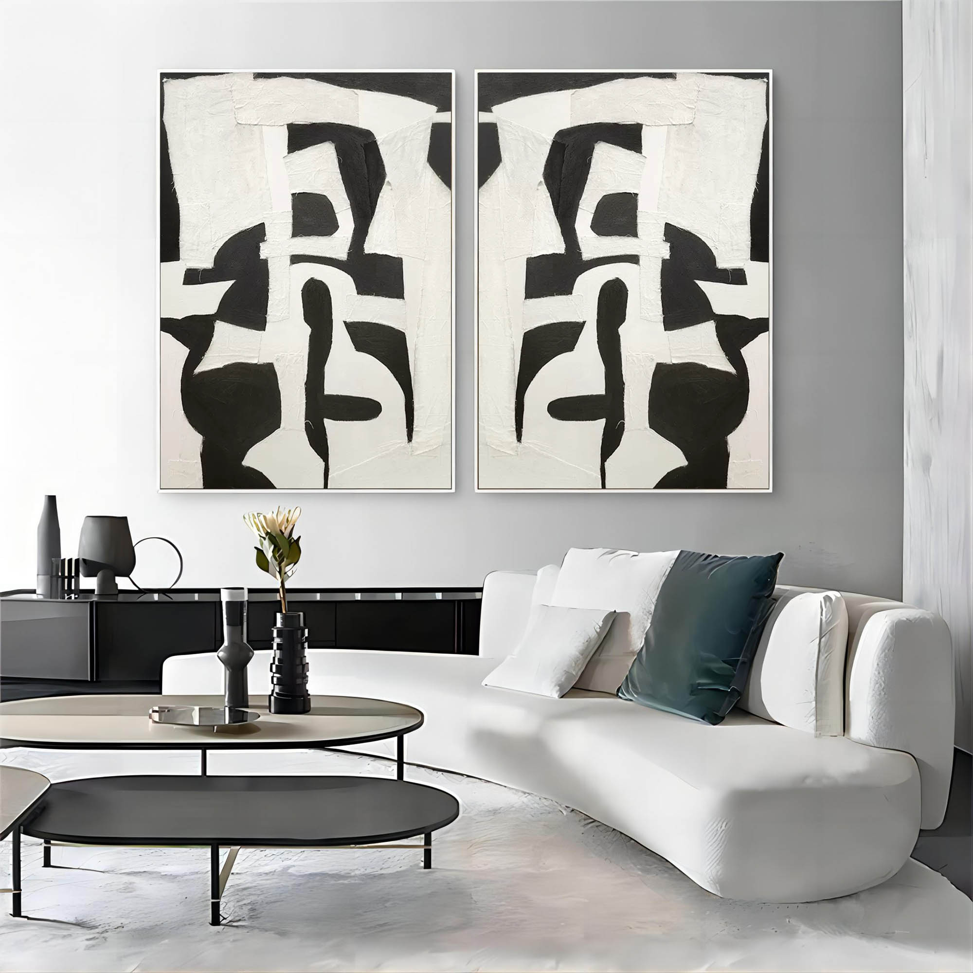 Black and White Texture Abstract Canvas Painting Set of 2 Wabi Sabi Wall Art Minimalist Abstract Art