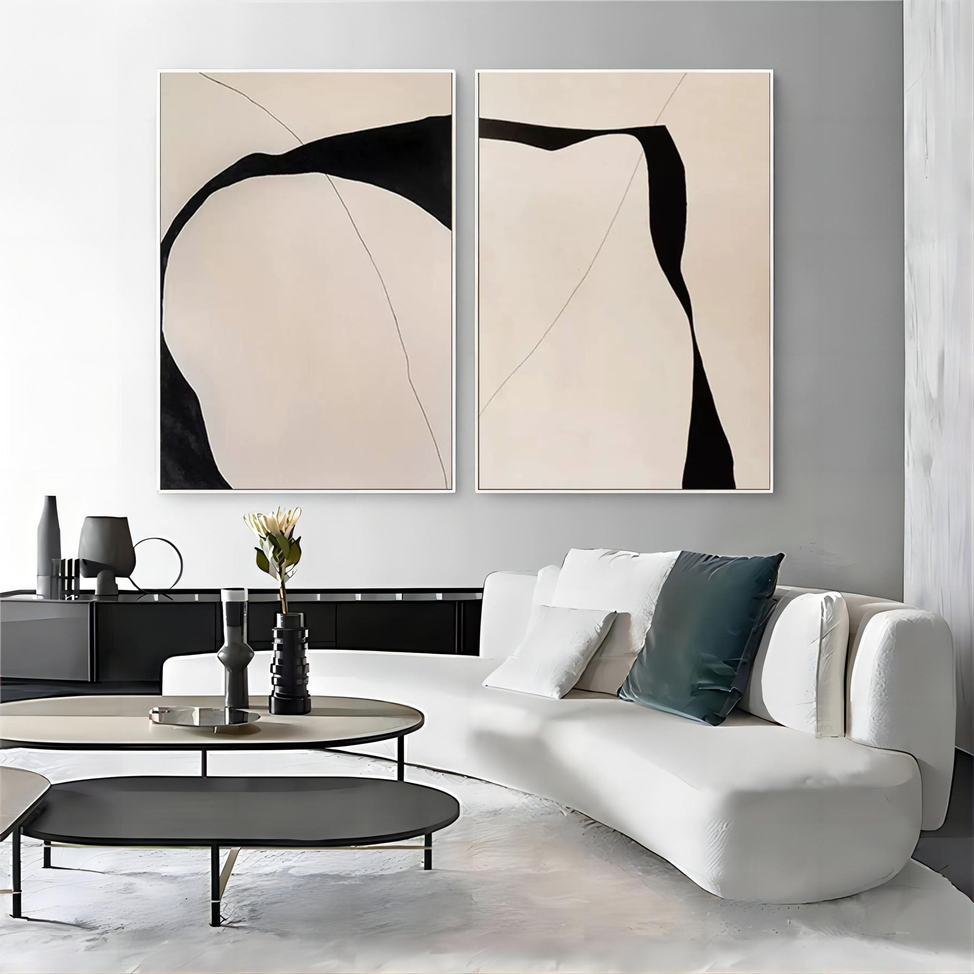 Beige And Black Minimalist Abstract Canvas Painting Set Of 2 Wabi Sabi 