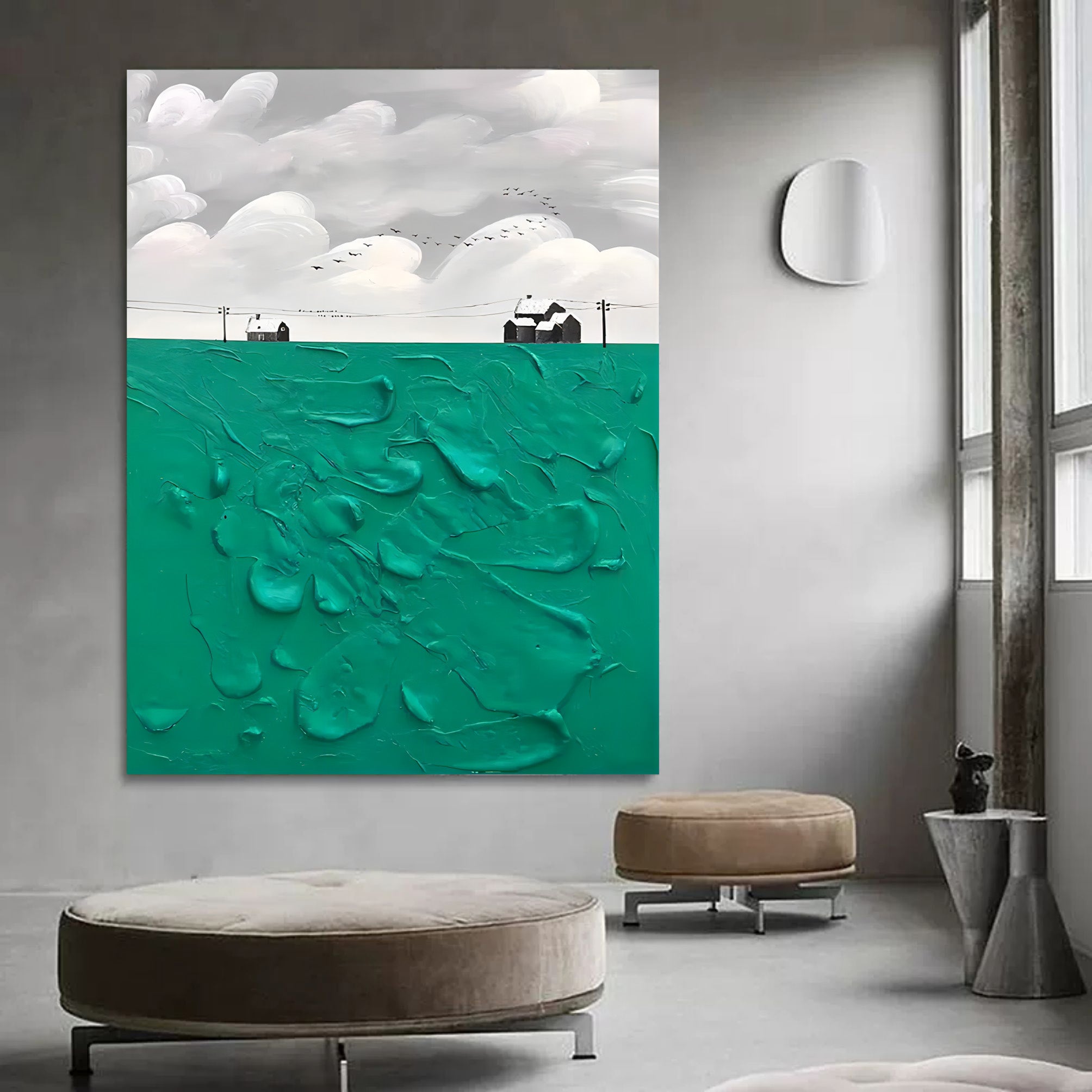 Green and White Canvas Painting Green Oil Painting Textured Wall Art Green Abstract Art 3D Plaster Art