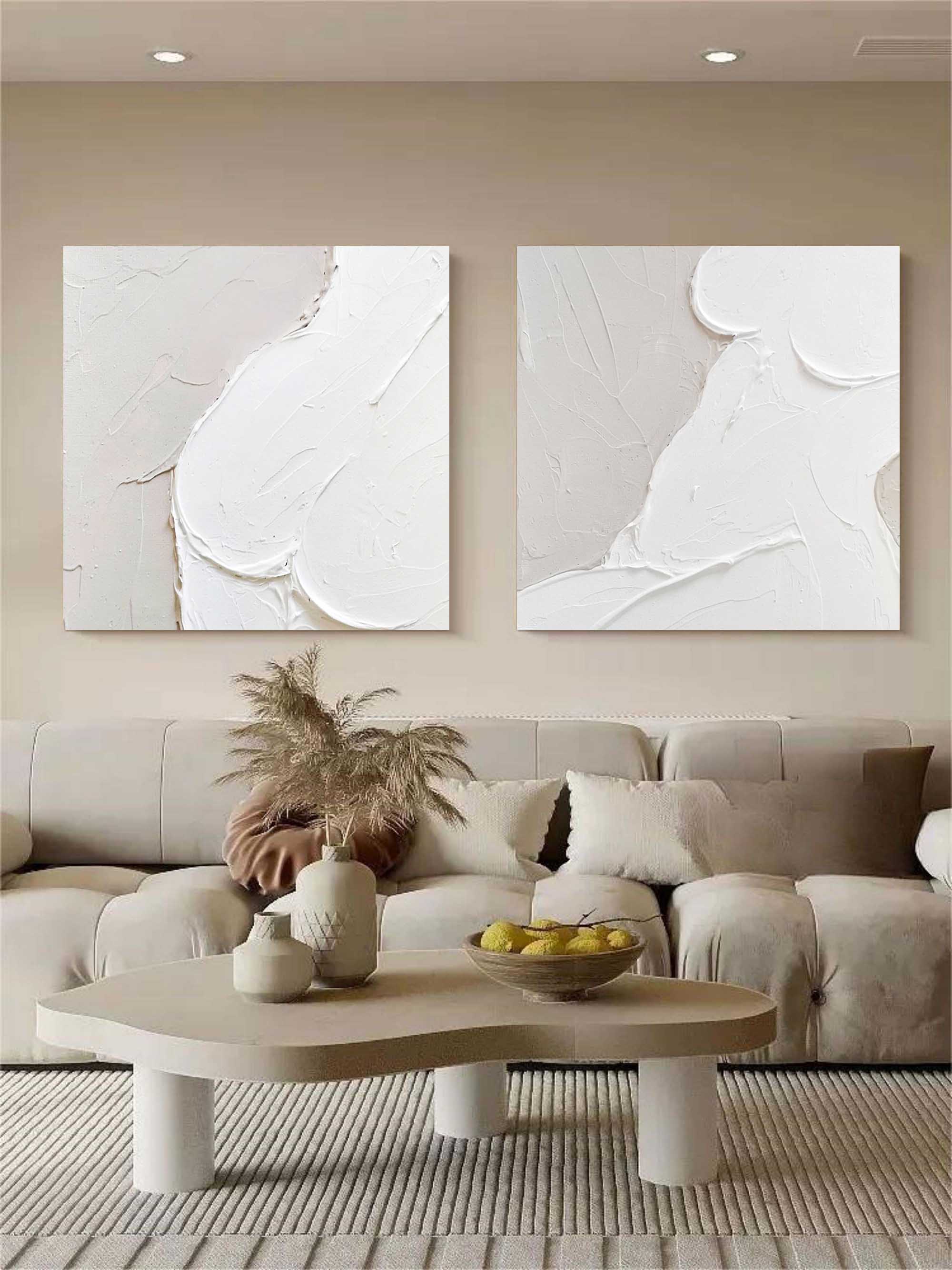 White Abstract Nude Painting Set of 2 White Textured Abstract Art Canvas White Minimalist Painting