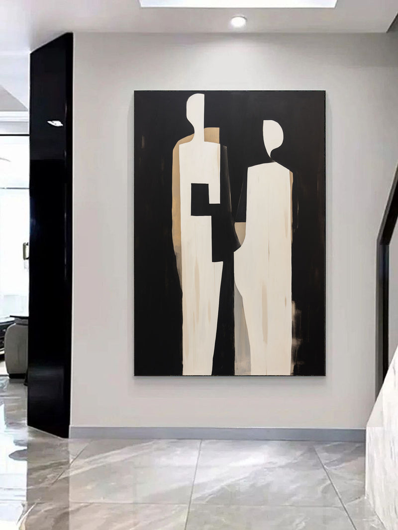 Black and Beige 2 People Abstract Art Canvas Black and Beige Minimalist Abstract Figure Painting Abstract People Minimalist Wall Art Decor