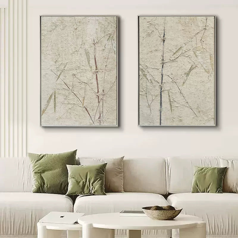 Wabi Sabi Wall Art Set Of 2 Beige Minimalist Art On Canvas Beige Texture Painting Bamboo Painting