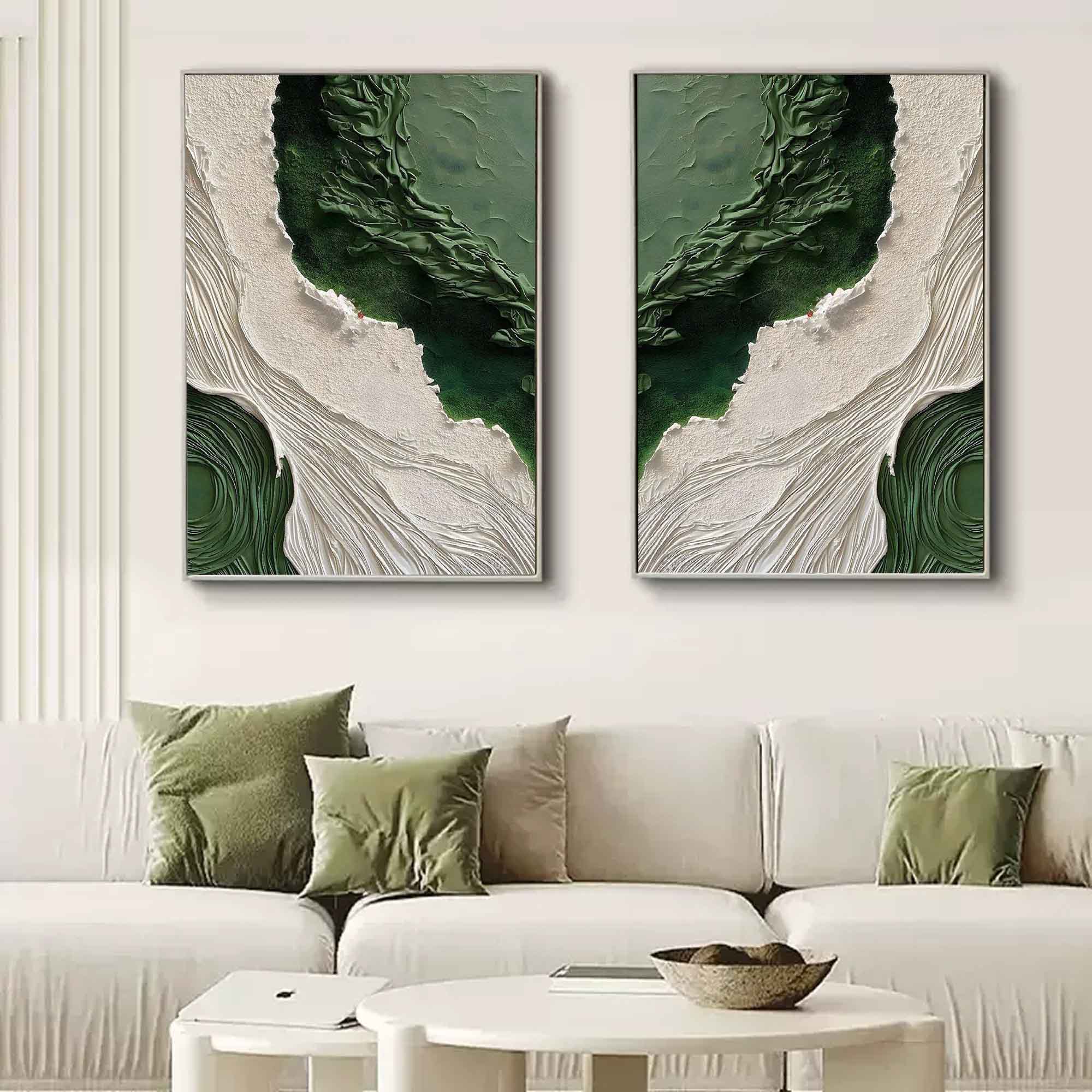 3D Green and White Textured Abstract Painting Set of 2 Green and White Canvas Art Plaster Wall Art