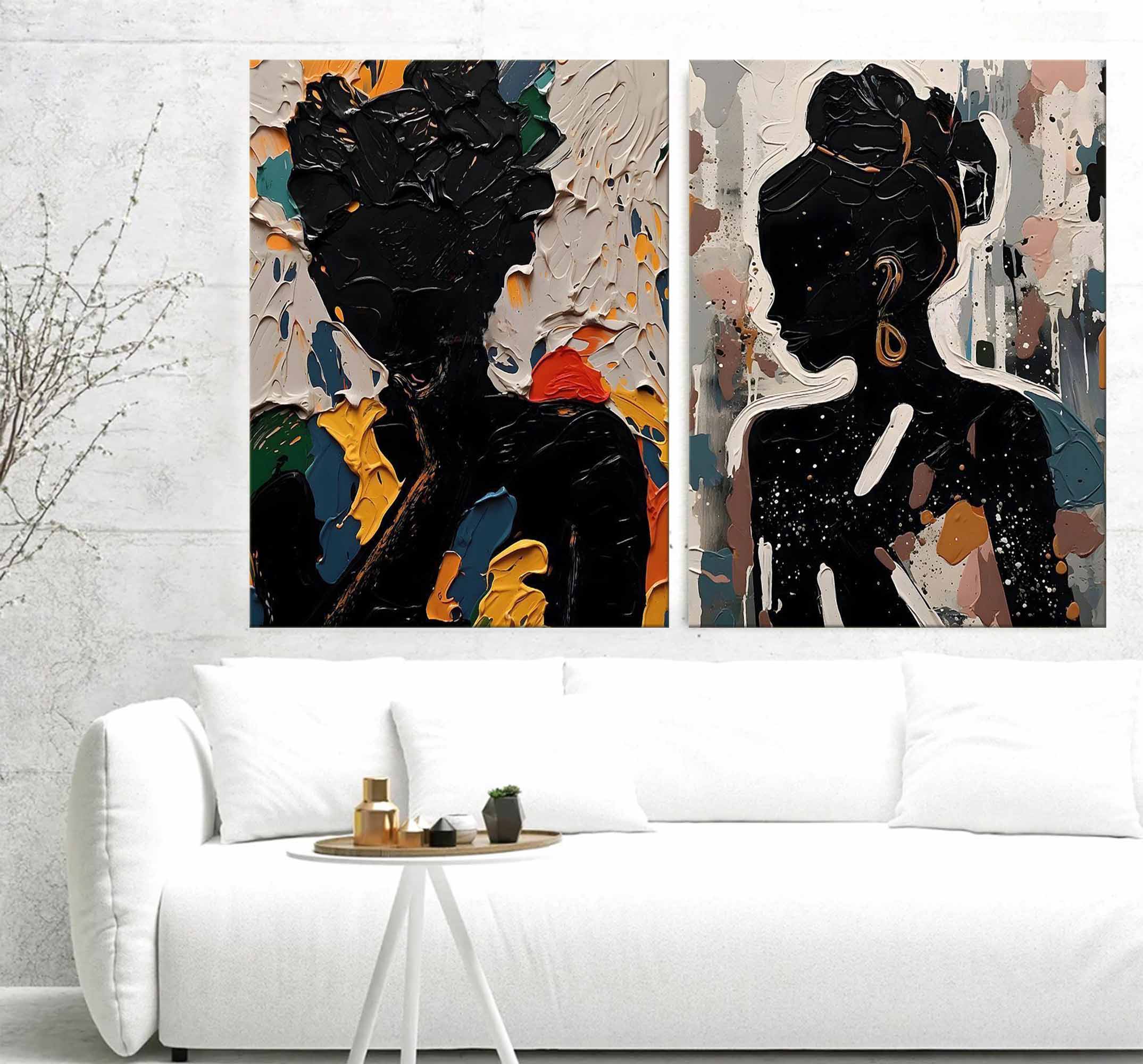 Abstract Female Canvas Oil Painting Set of 2 Bedroom Abstract Woman Textured Wall Decoration Painting