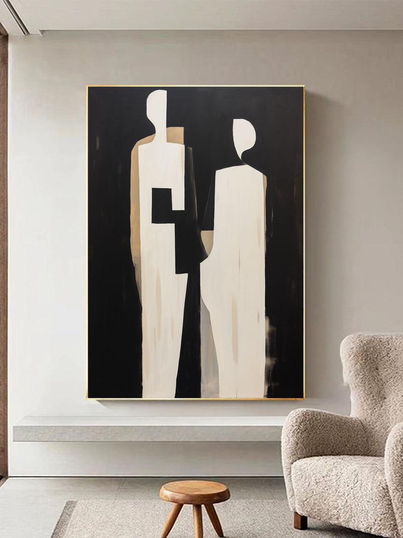 Black and Beige 2 People Abstract Art Canvas Black and Beige Minimalist Abstract Figure Painting Abstract People Minimalist Wall Art Decor