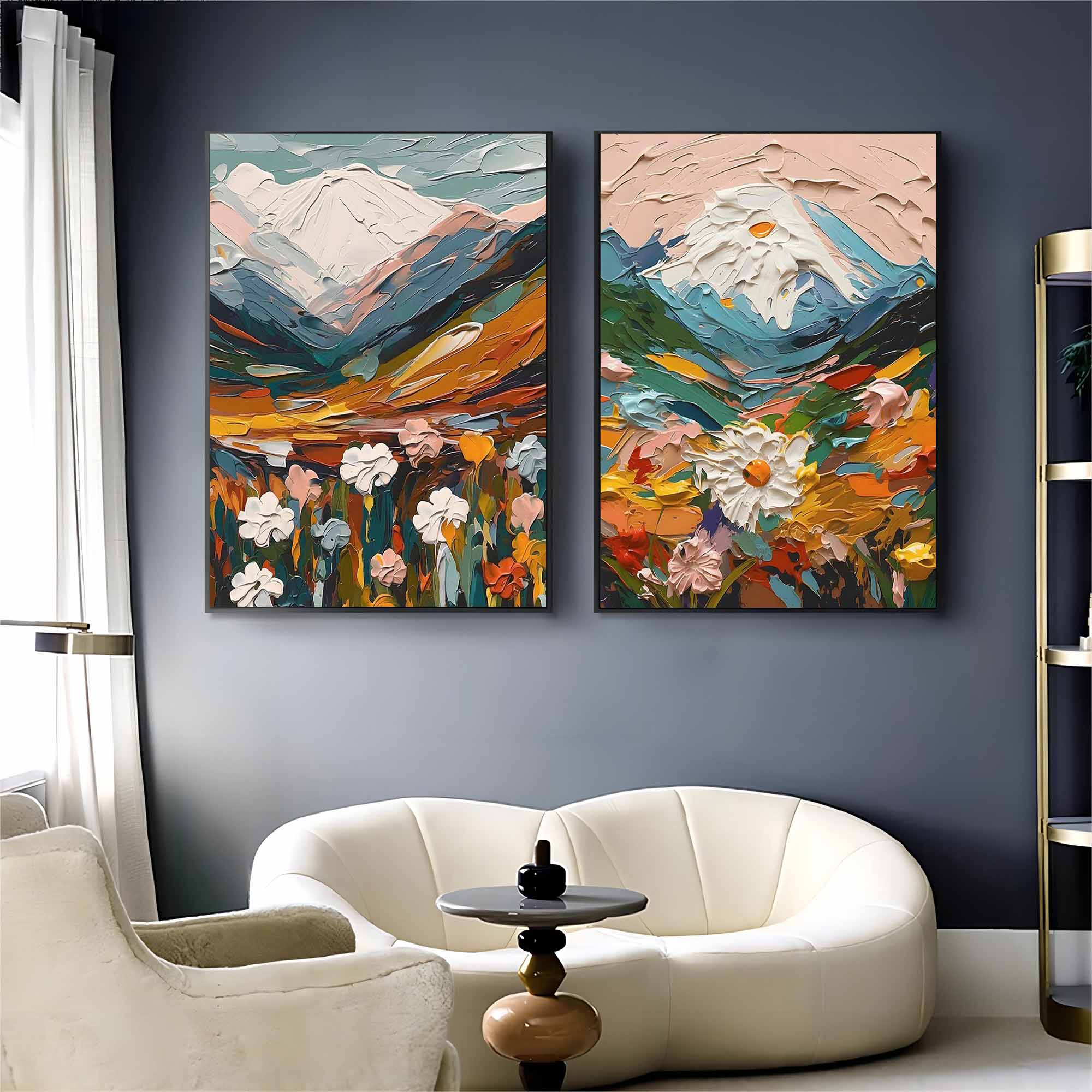 Thick Colorful Abstract Landscape Textured Oil Painting on Canvas Set of 2 flowers oil painting