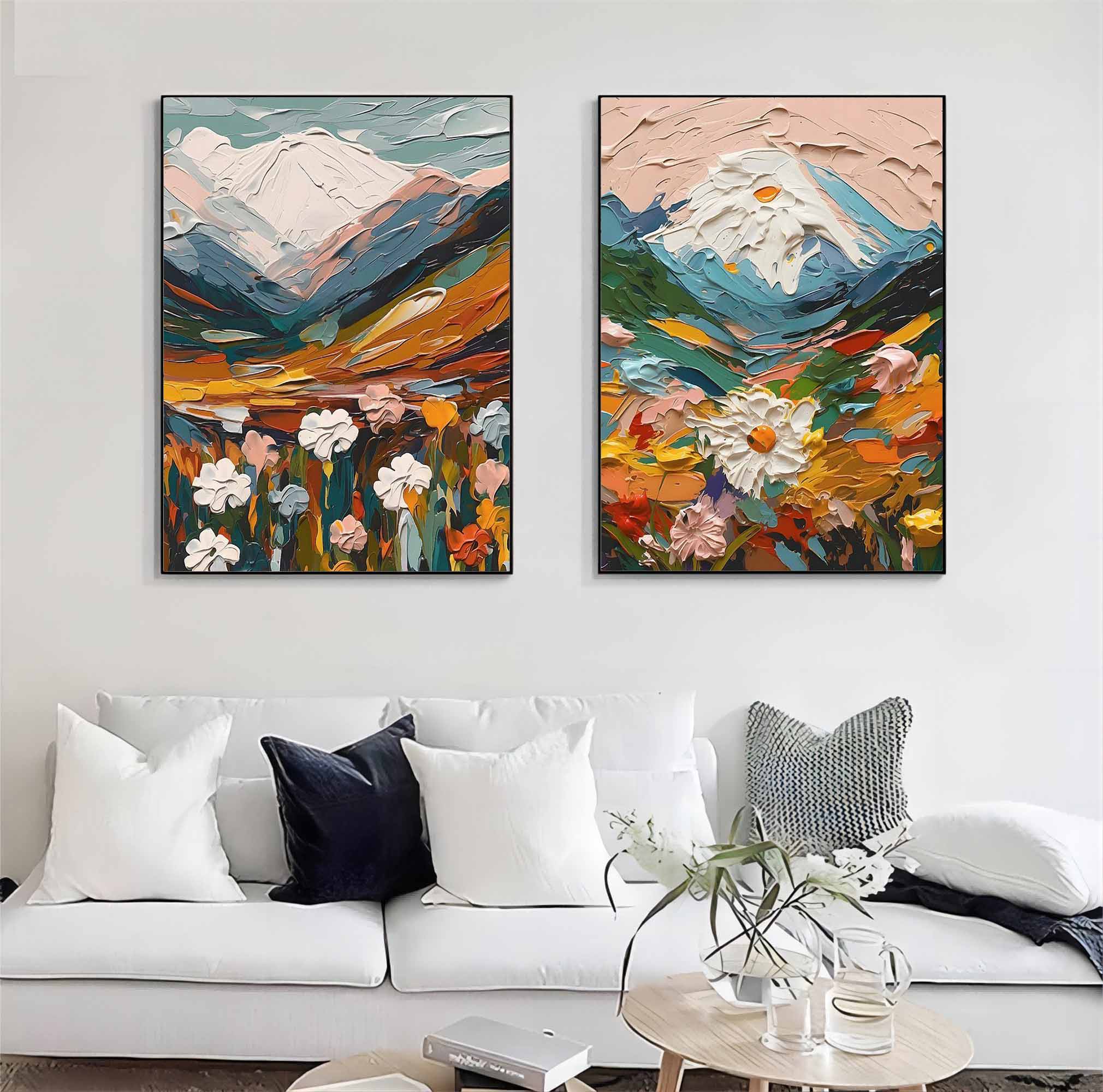 Thick Colorful Abstract Landscape Textured Oil Painting on Canvas Set of 2 flowers oil painting