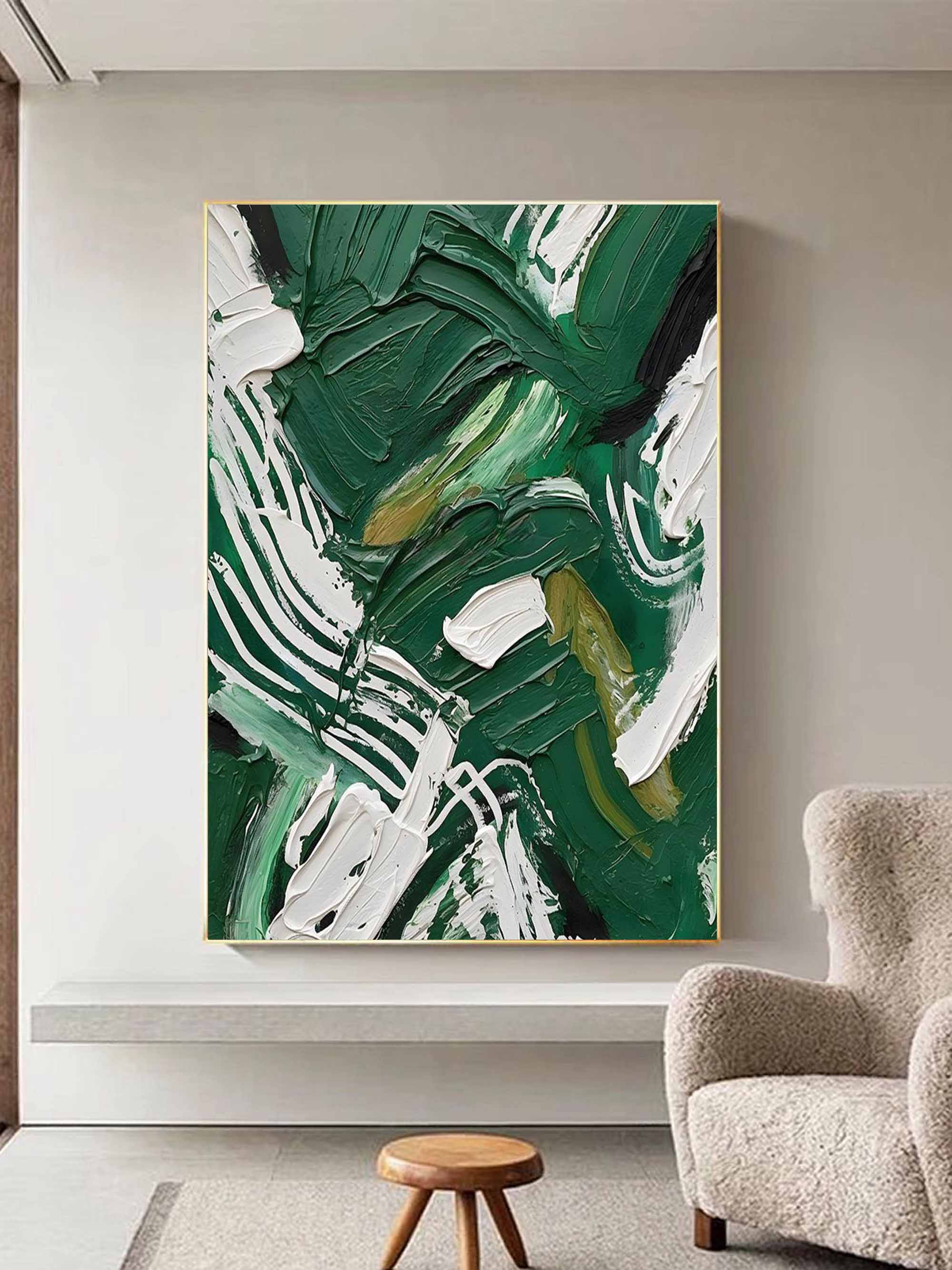 Large Green and White Abstract Oil Painting Green Textured Wall Art Green Oil Paintings for Sale