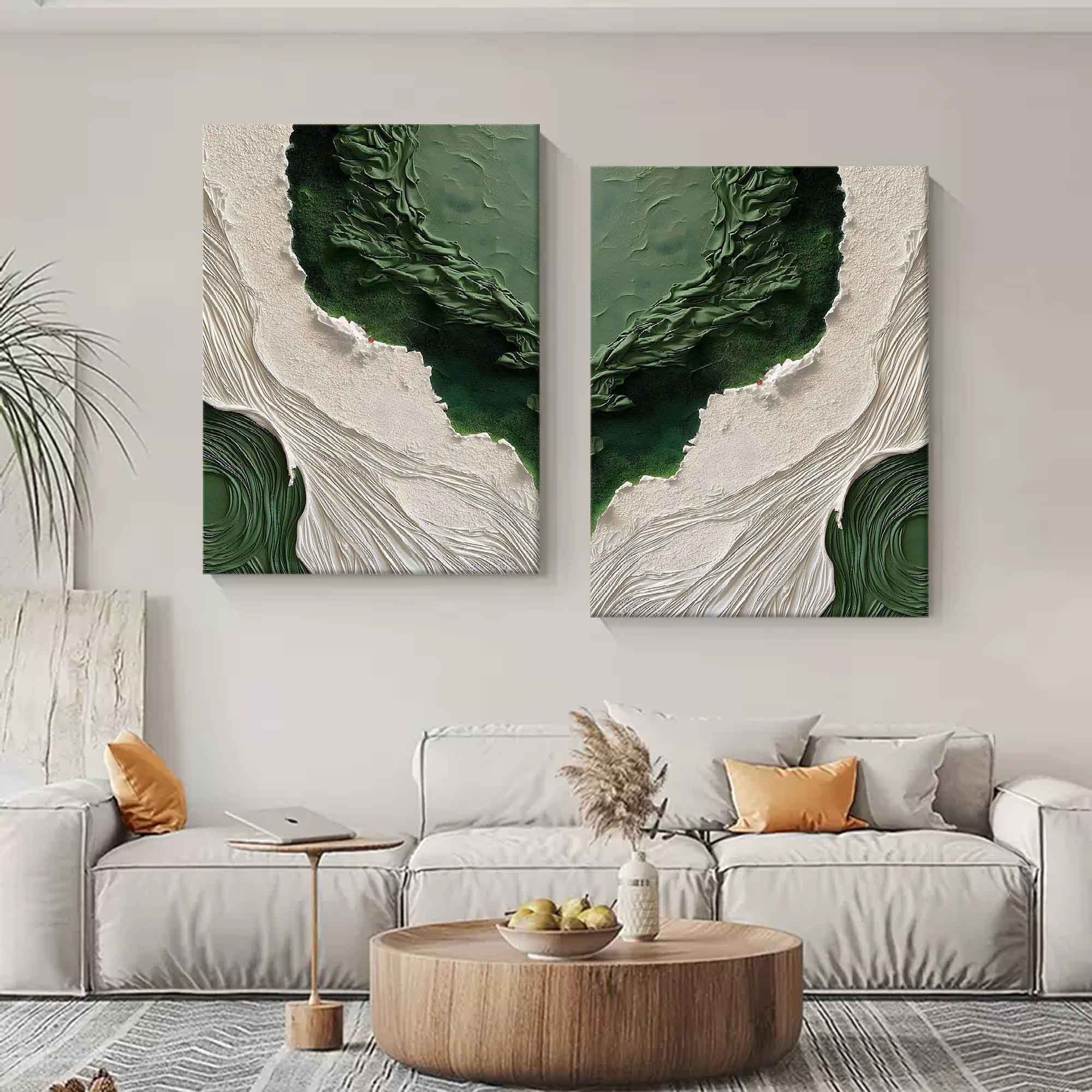 3D Green and White Textured Abstract Painting Set of 2 Green and White Canvas Art Plaster Wall Art