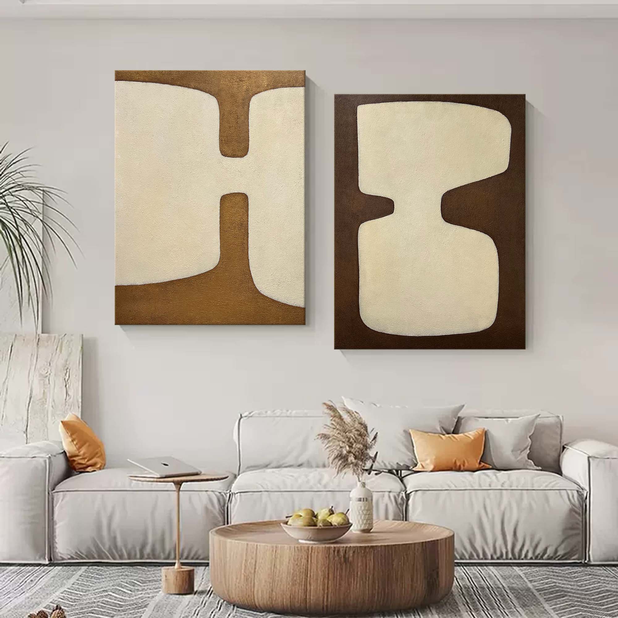 Beige and Brown Minimalist Abstract Art Set of 2 Wabi-Sabi Interior design Textured Wall Art 